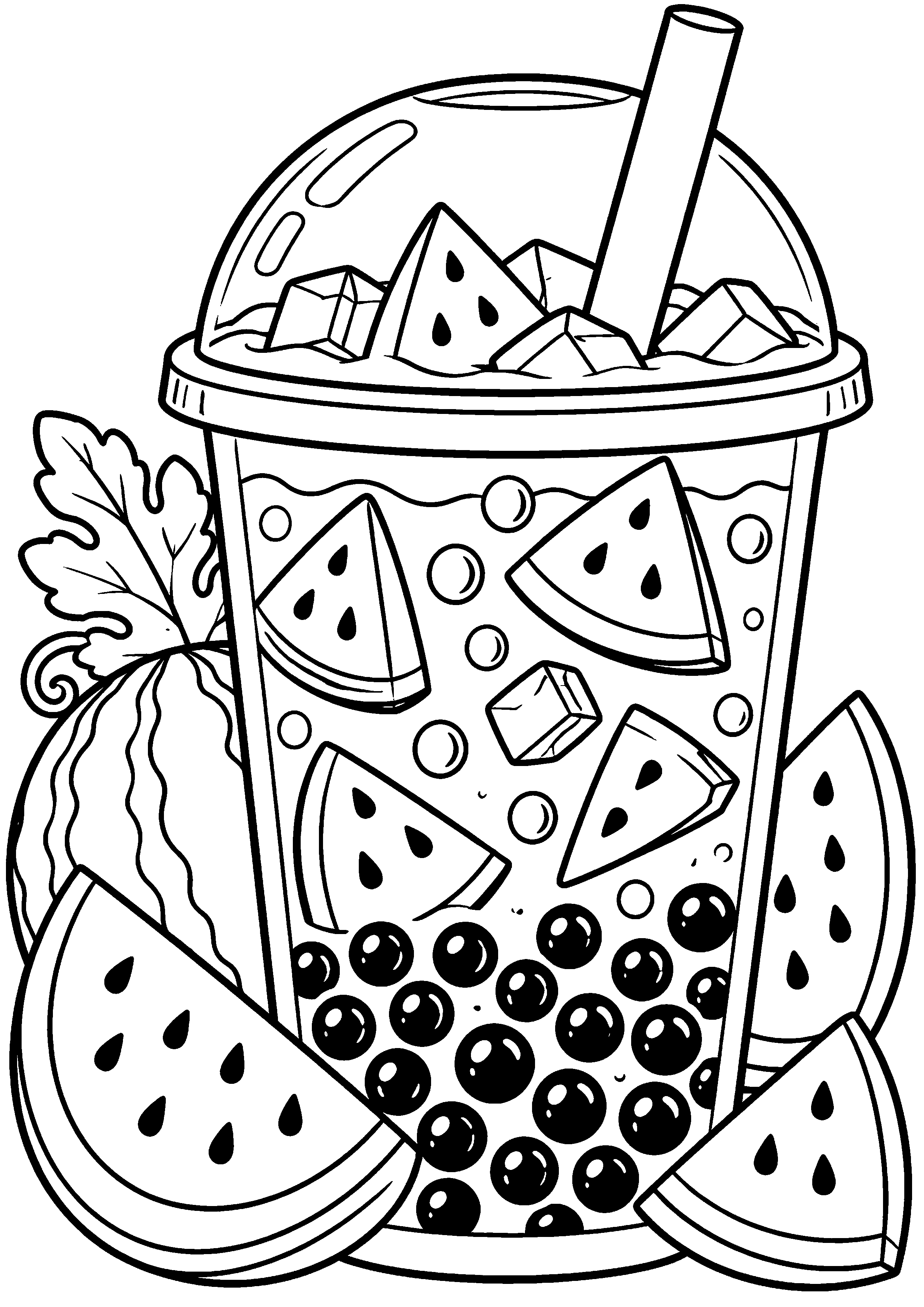 Grand coloriage d’un bubble tea avec de nombreuses garnitures lisibles, contours noirs nets sur fond blanc