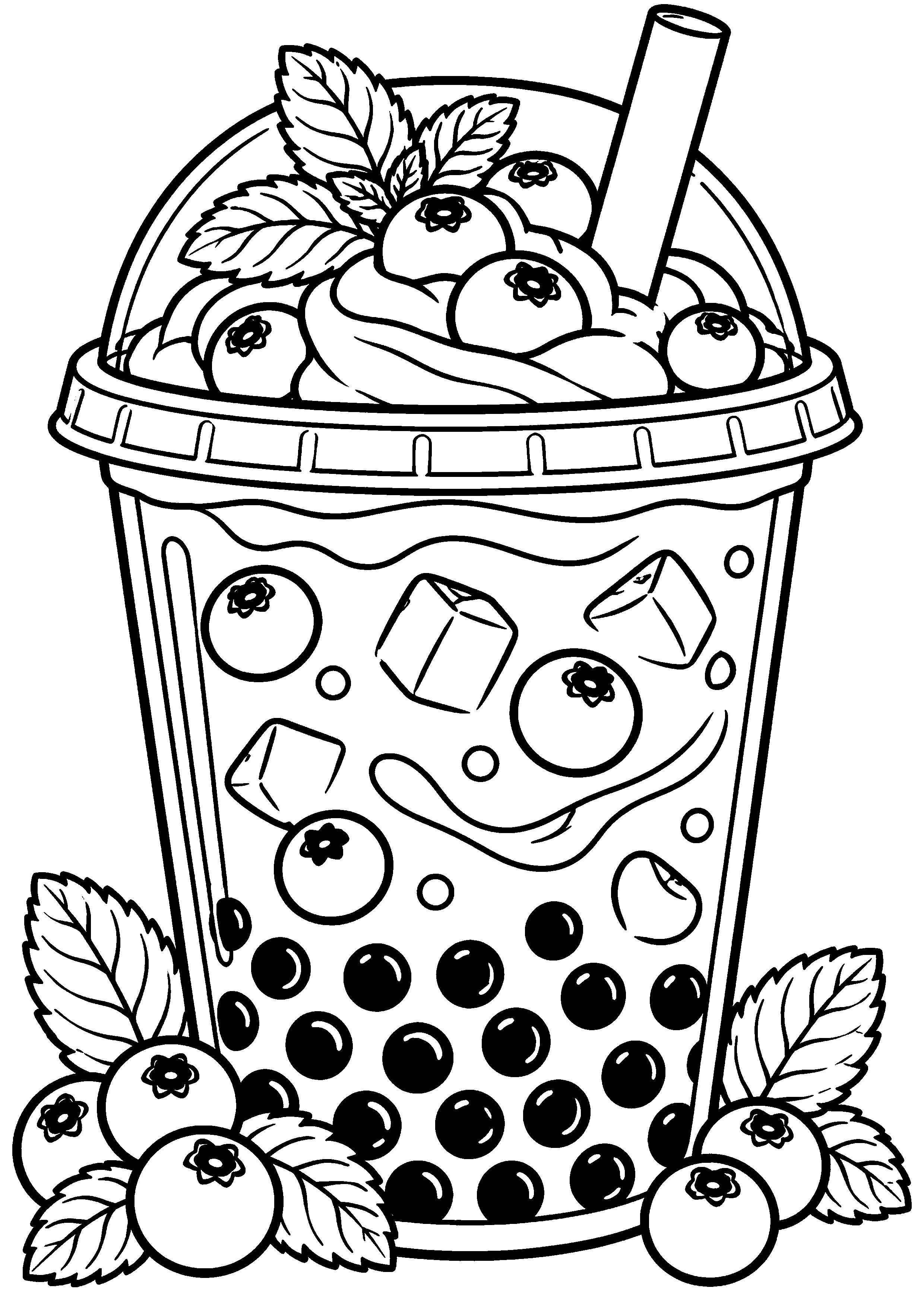 Grand coloriage d’un bubble tea dans une scène de dégustation, contours noirs nets sur fond blanc