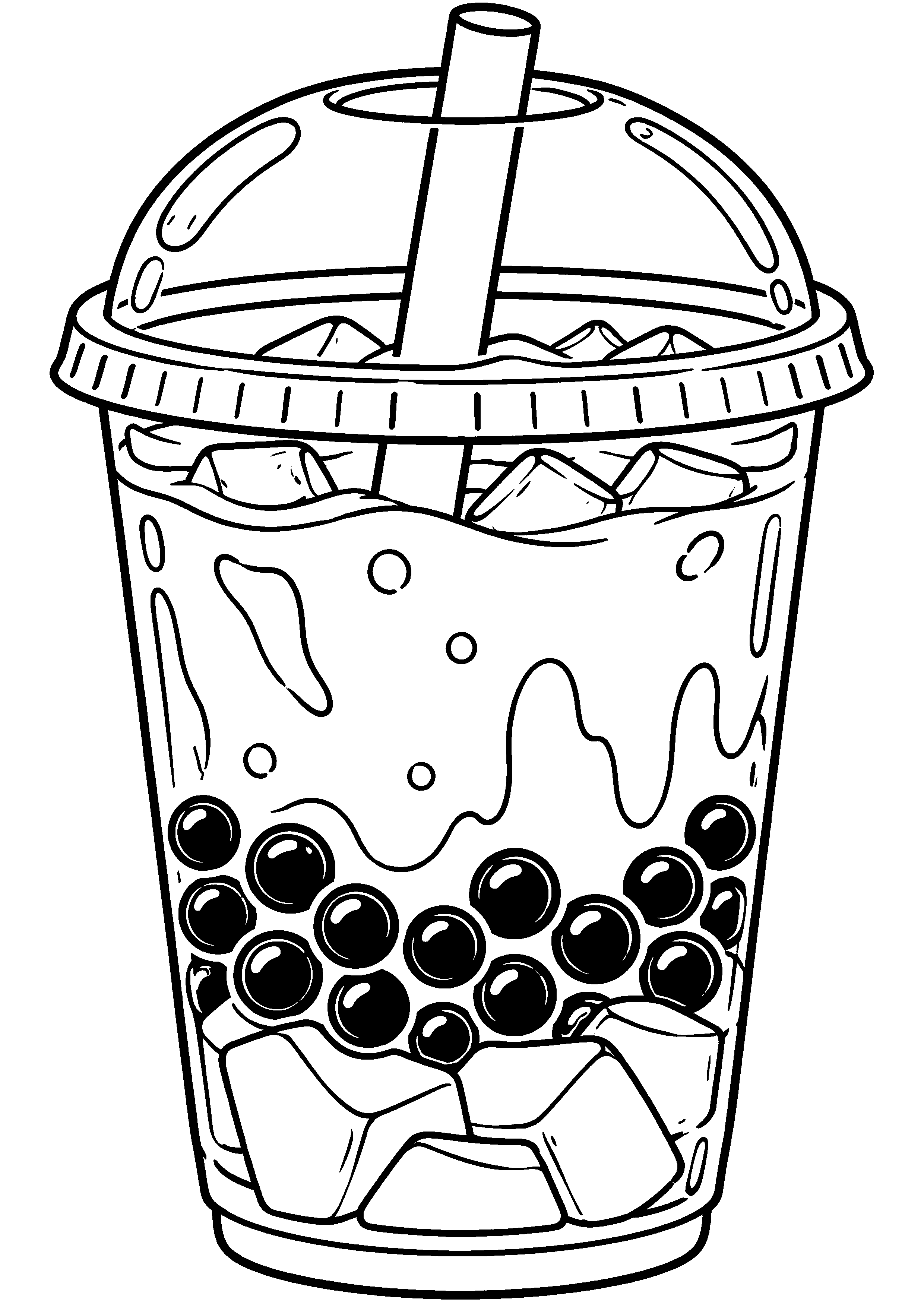 Grand coloriage d’un bubble tea avec des ingrédients reconnaissables, contours noirs nets sur fond blanc
