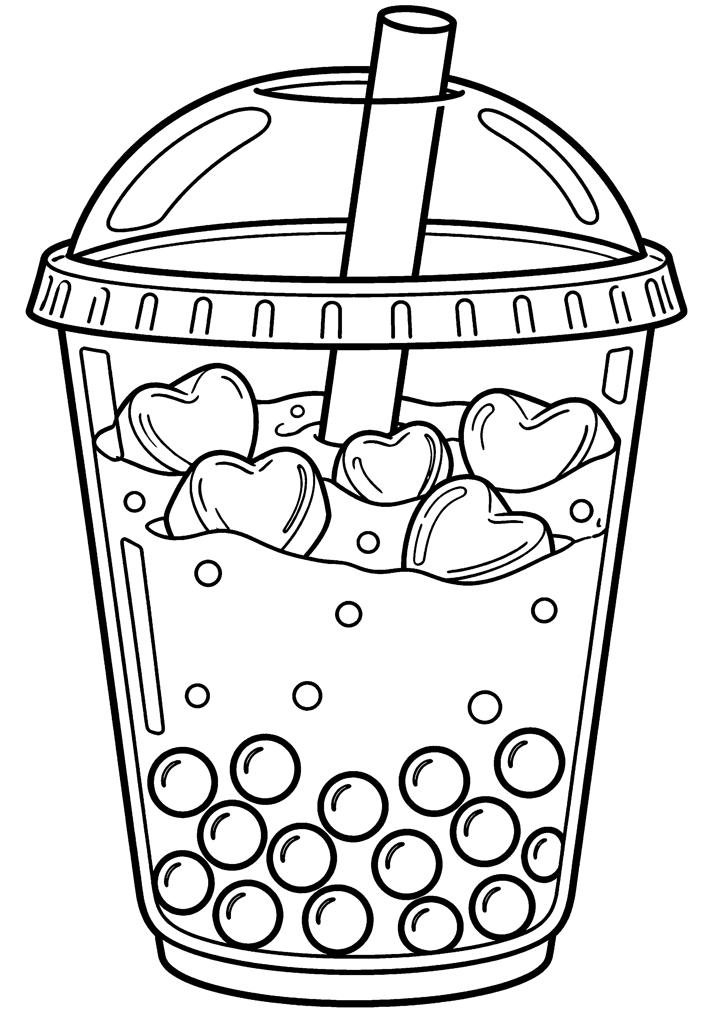 Grand coloriage d’un bubble tea dans une composition symétrique, contours noirs nets sur fond blanc