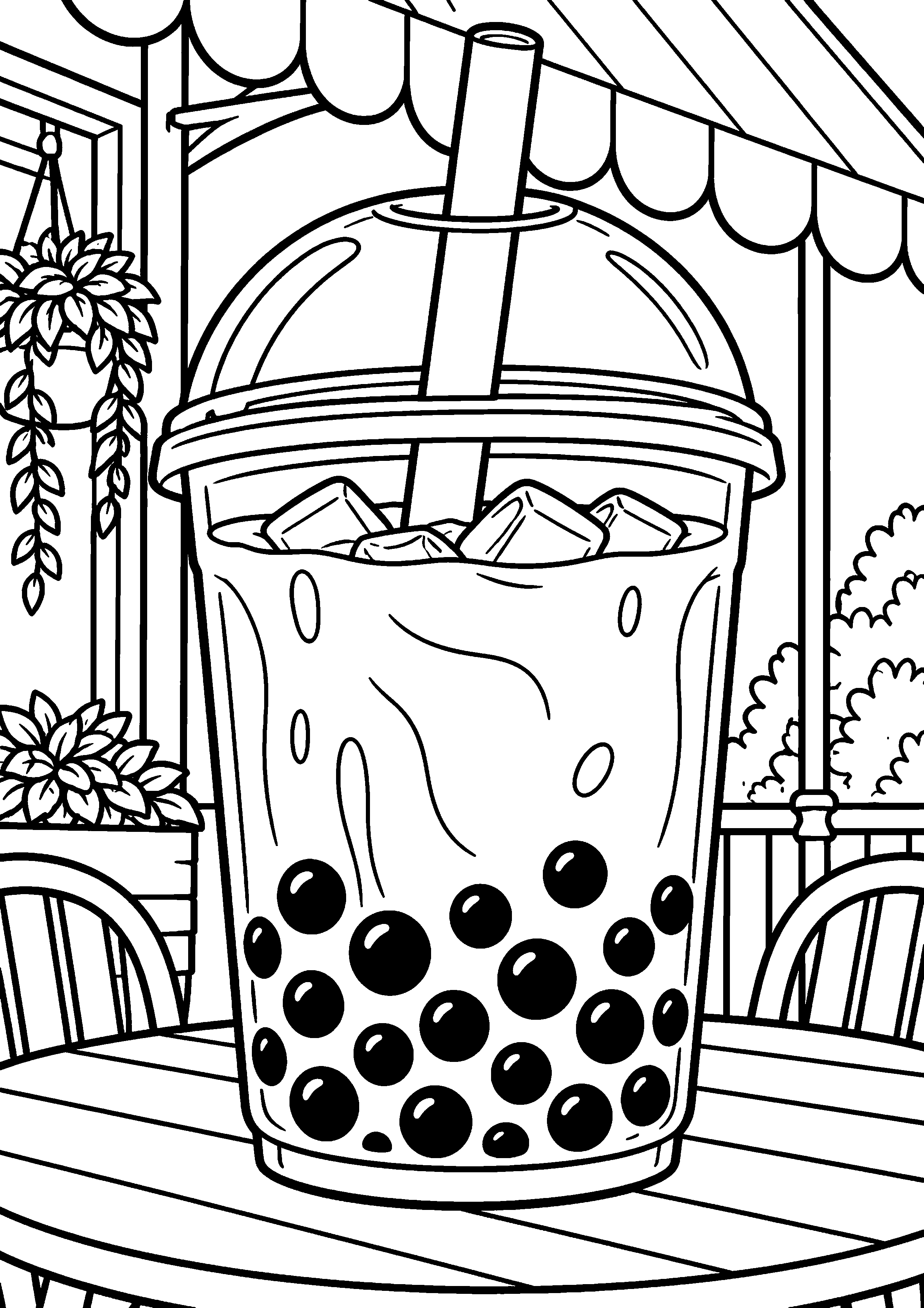 Grand coloriage d’un bubble tea dans une composition dynamique en diagonale, contours noirs nets sur fond blanc