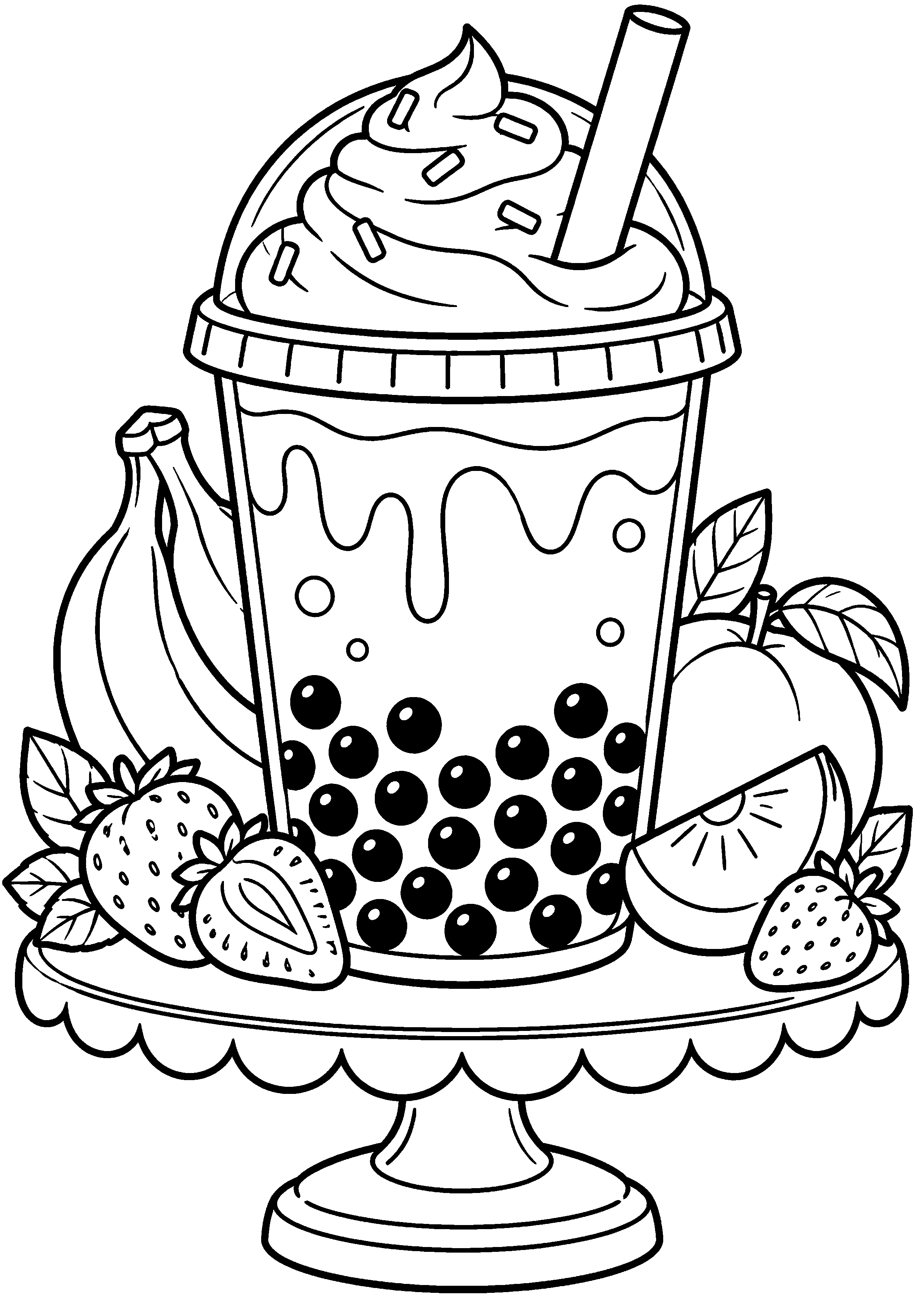 Grand coloriage d’un bubble tea vu légèrement d’en haut, contours noirs nets sur fond blanc