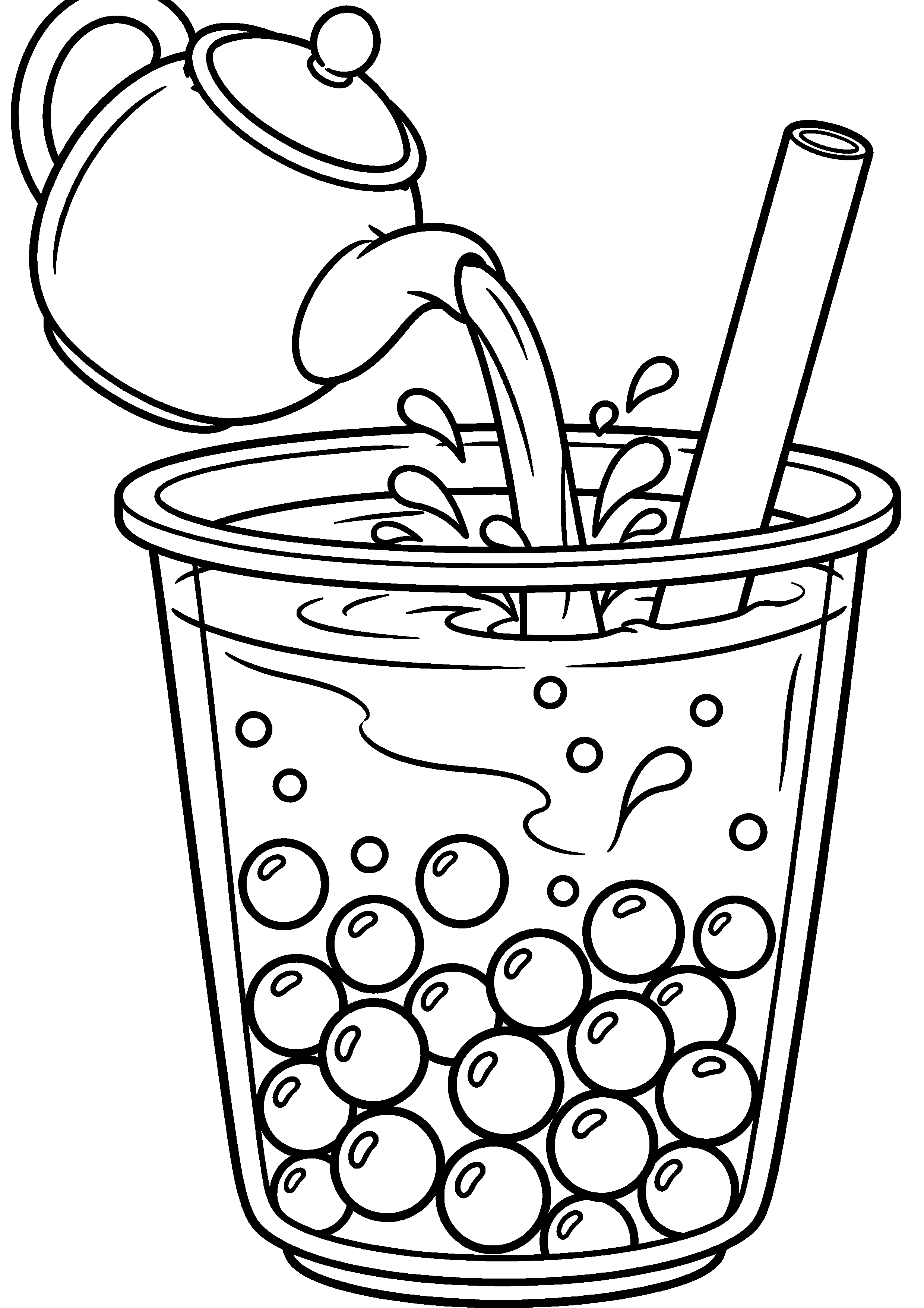 Grand coloriage d’un bubble tea vu d’en bas pour mettre le verre en valeur, contours noirs nets sur fond blanc