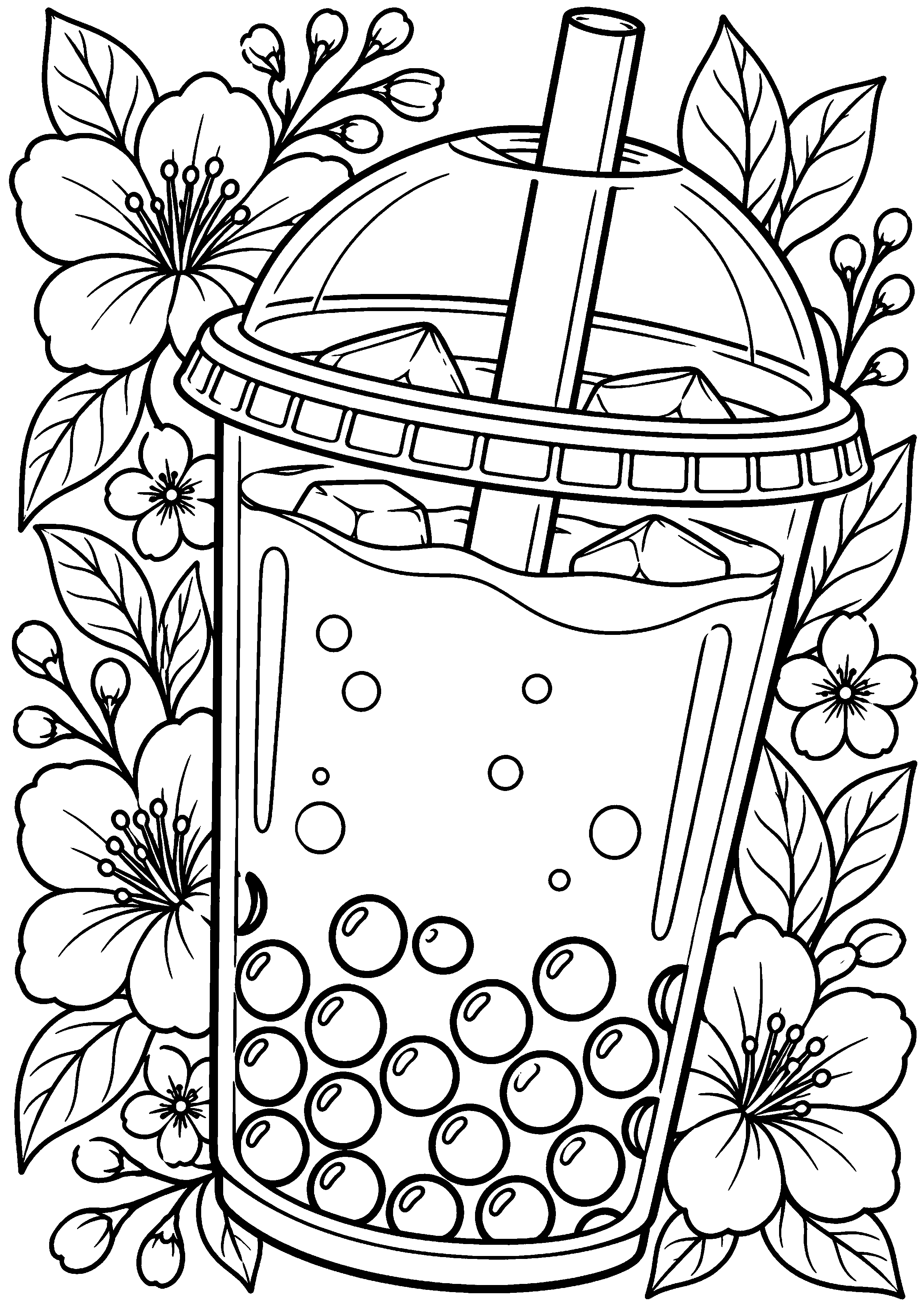 Grand coloriage d’un bubble tea avec ses ingrédients bruts, contours noirs nets sur fond blanc