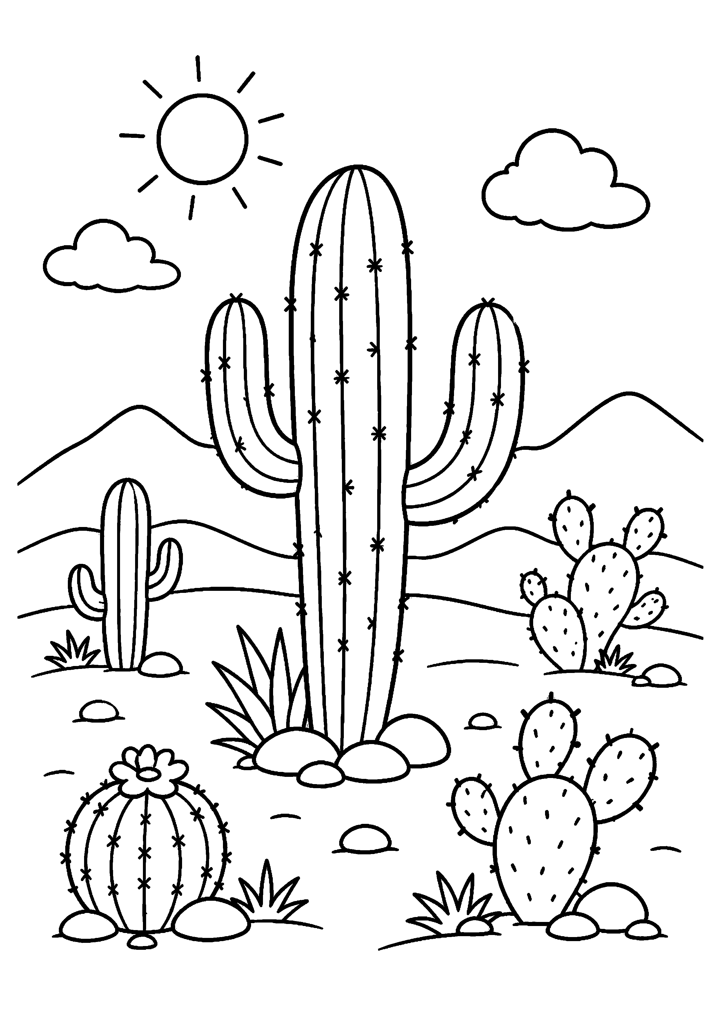 Coloriage cactus saguaro dans le désert sous le soleil à imprimer