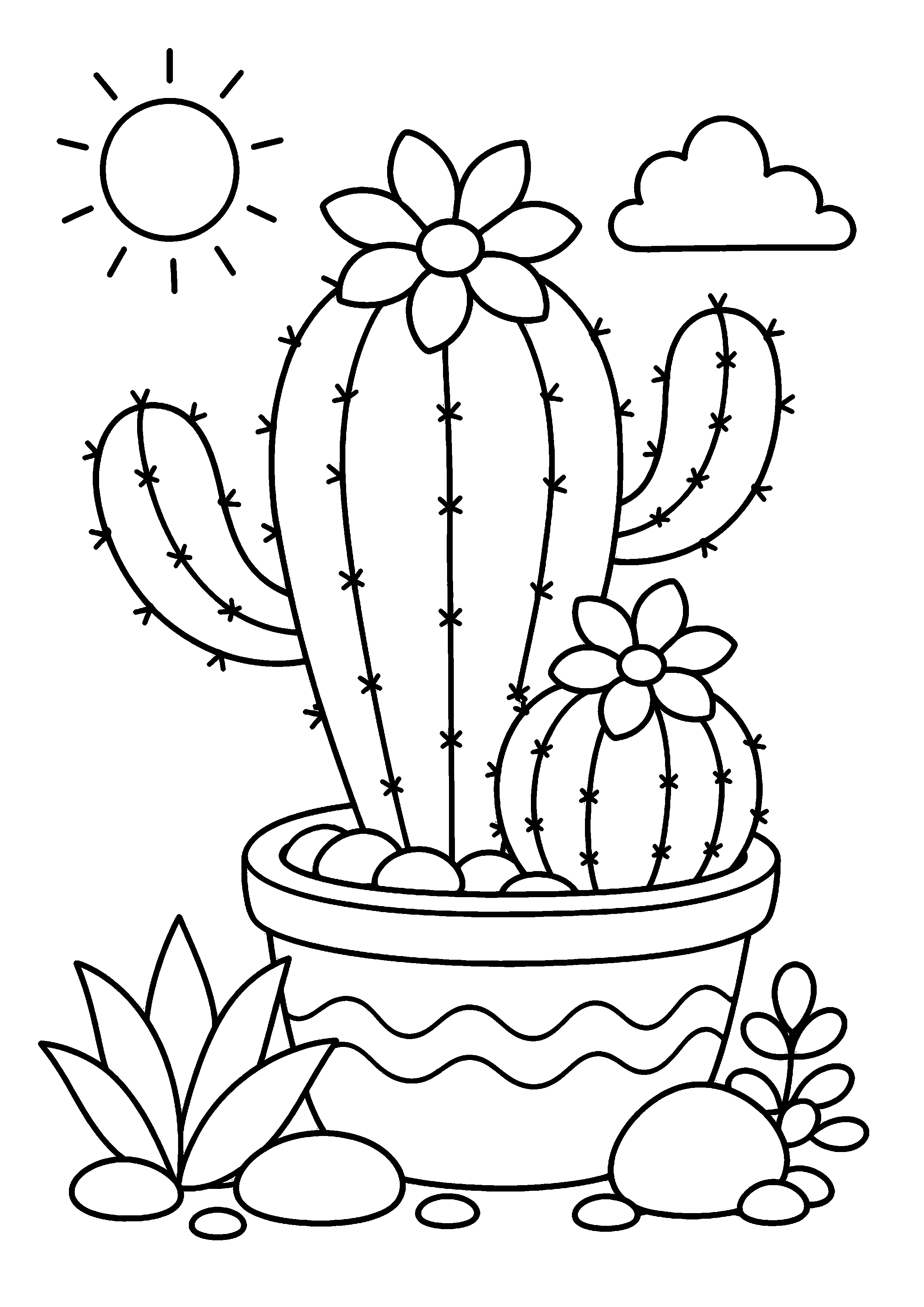 Coloriage cactus fleuris en pot sous le soleil à imprimer