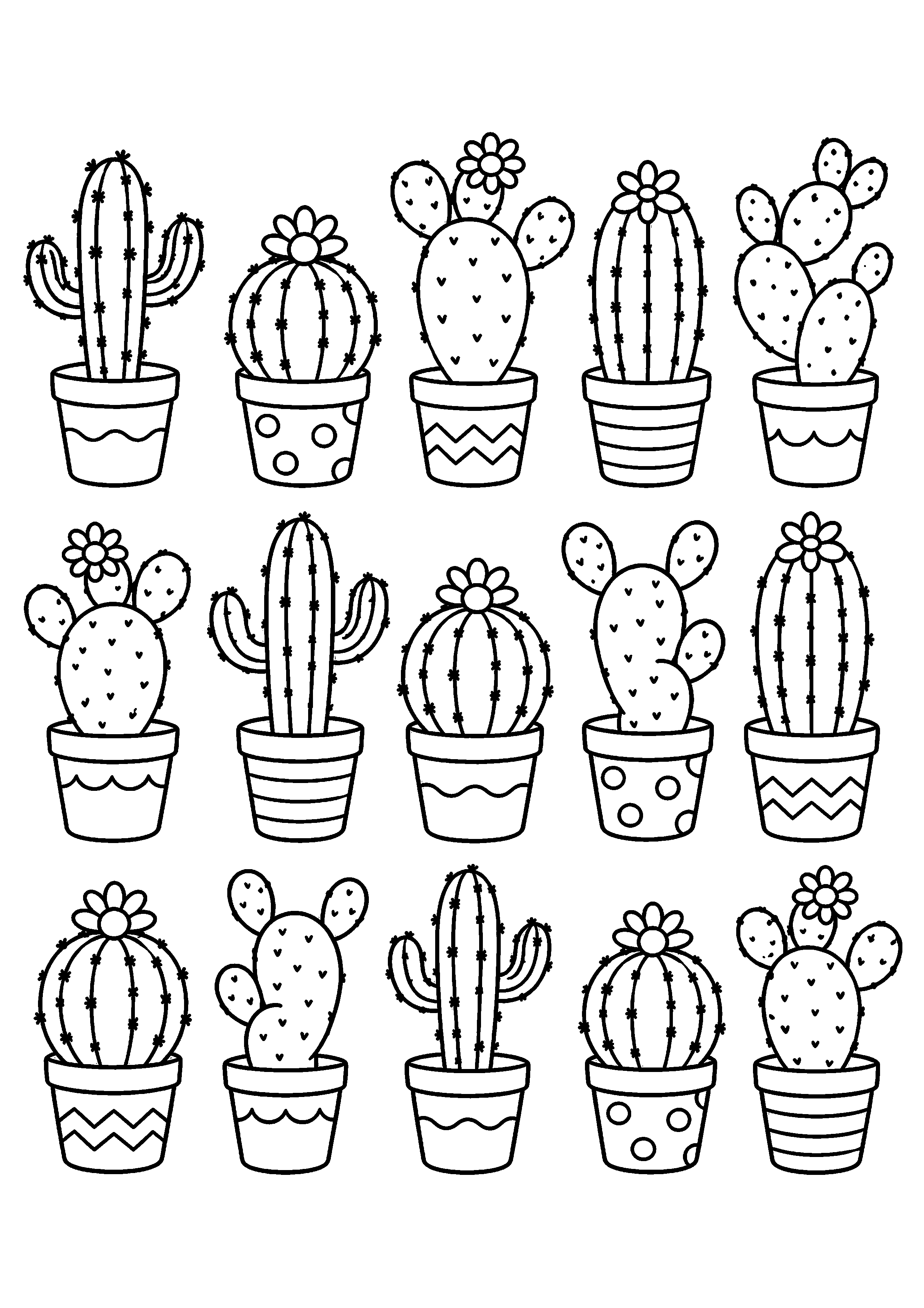 Coloriage collection de petits cactus en pots à imprimer gratuitement