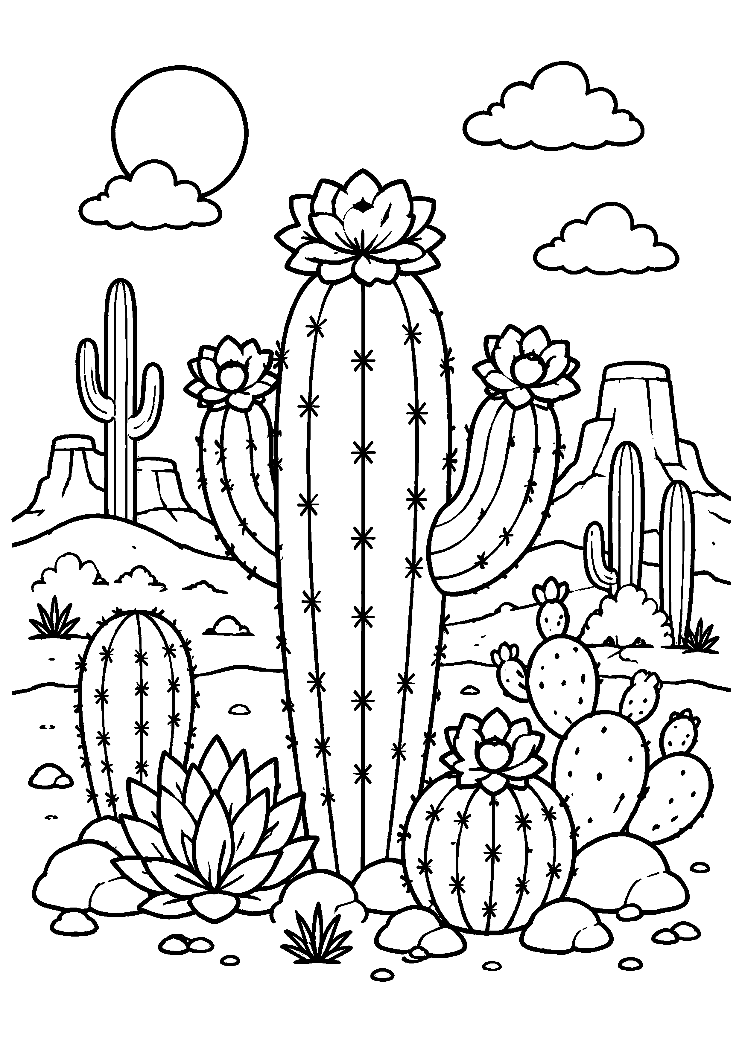Coloriage paysage désertique avec plusieurs cactus à imprimer gratuitement