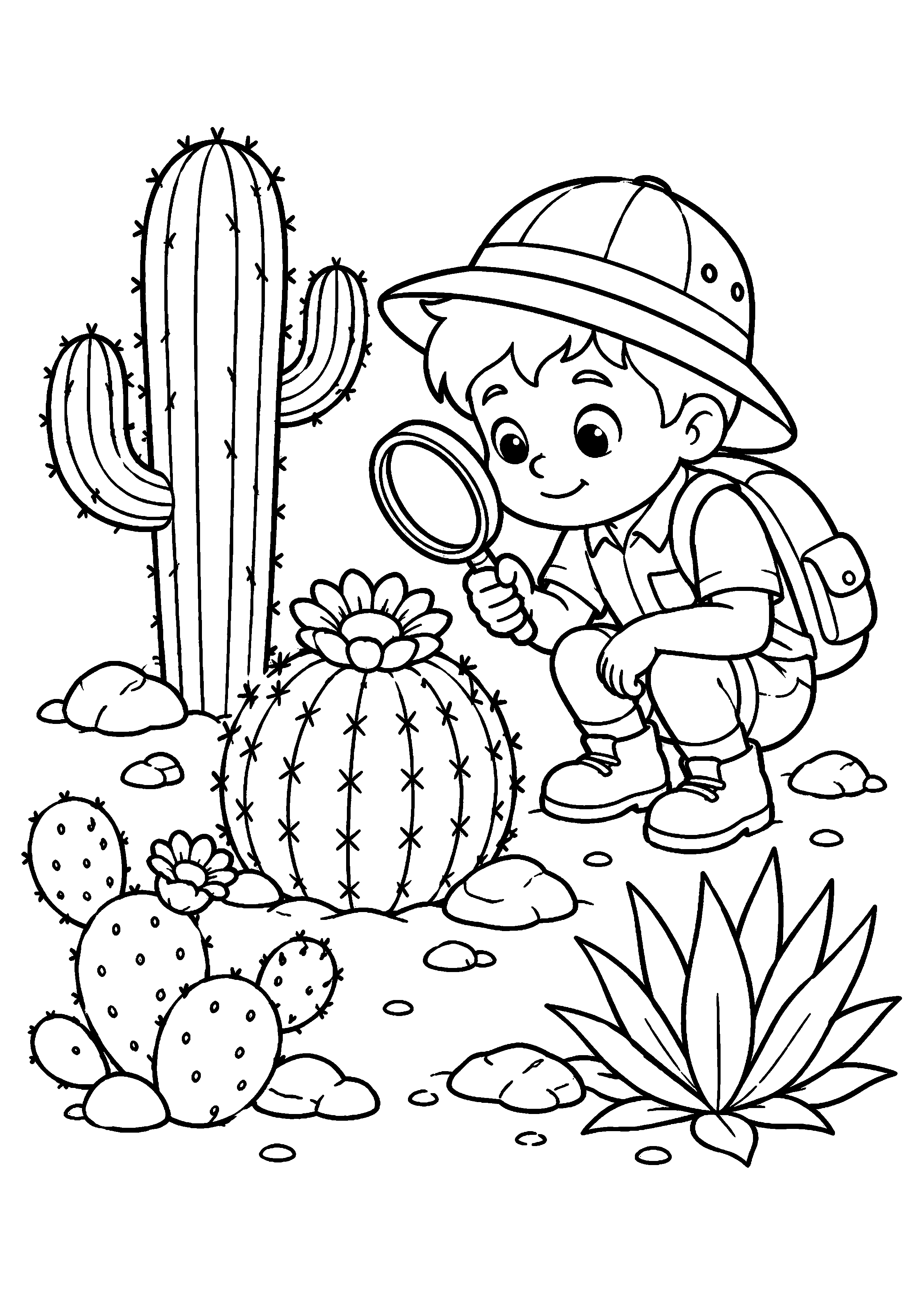 Coloriage enfant explorateur observant un cactus à la loupe à imprimer gratuitement