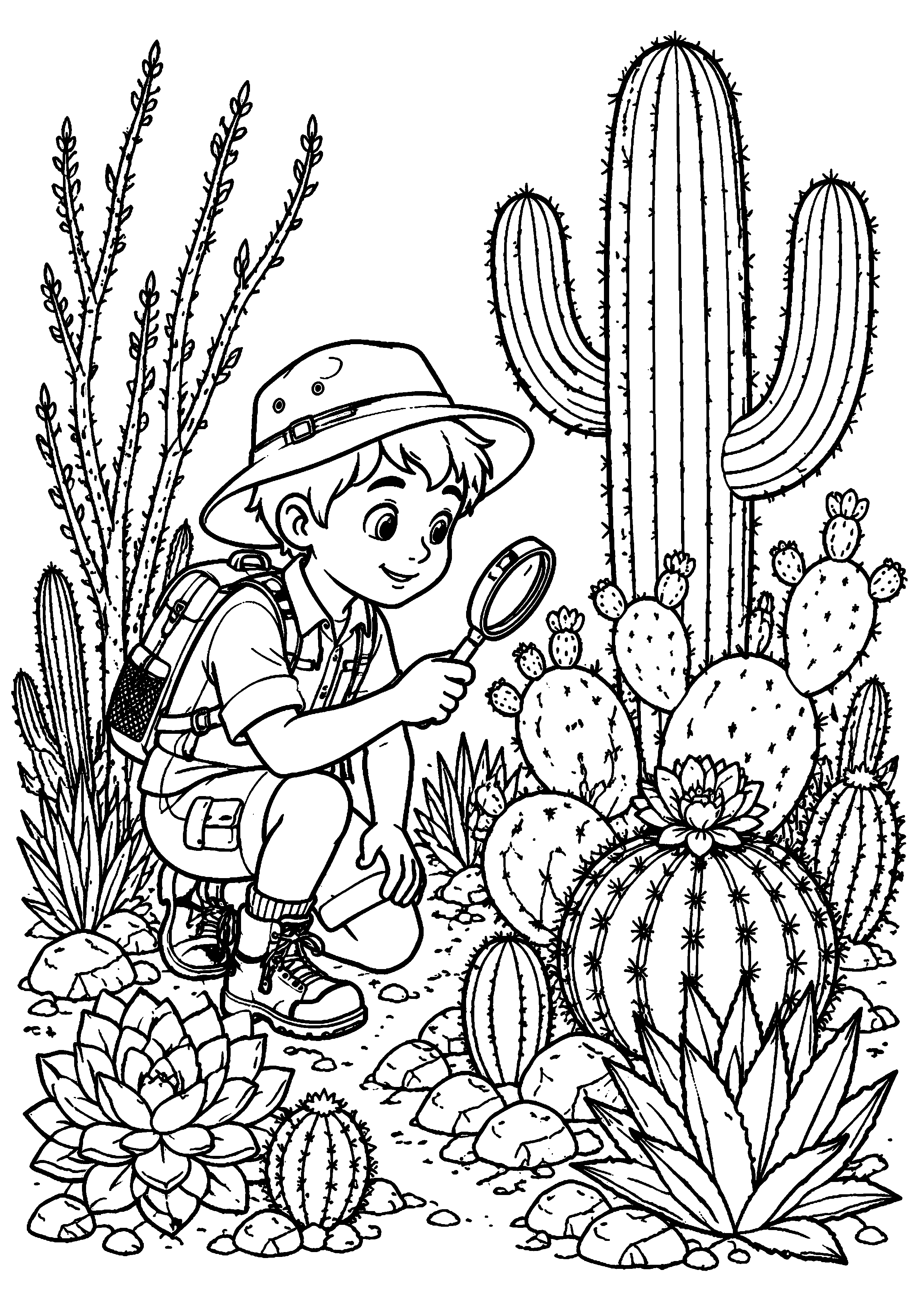 Coloriage exploratrice au milieu de grands cactus à imprimer gratuitement