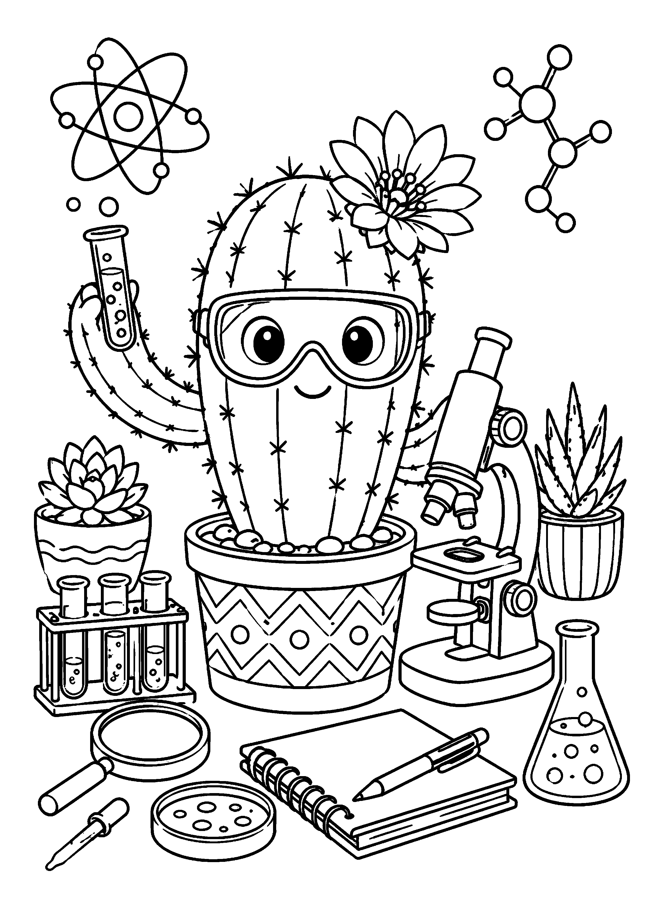 Coloriage cactus avec lunettes au milieu de matériel scientifique à imprimer gratuitement