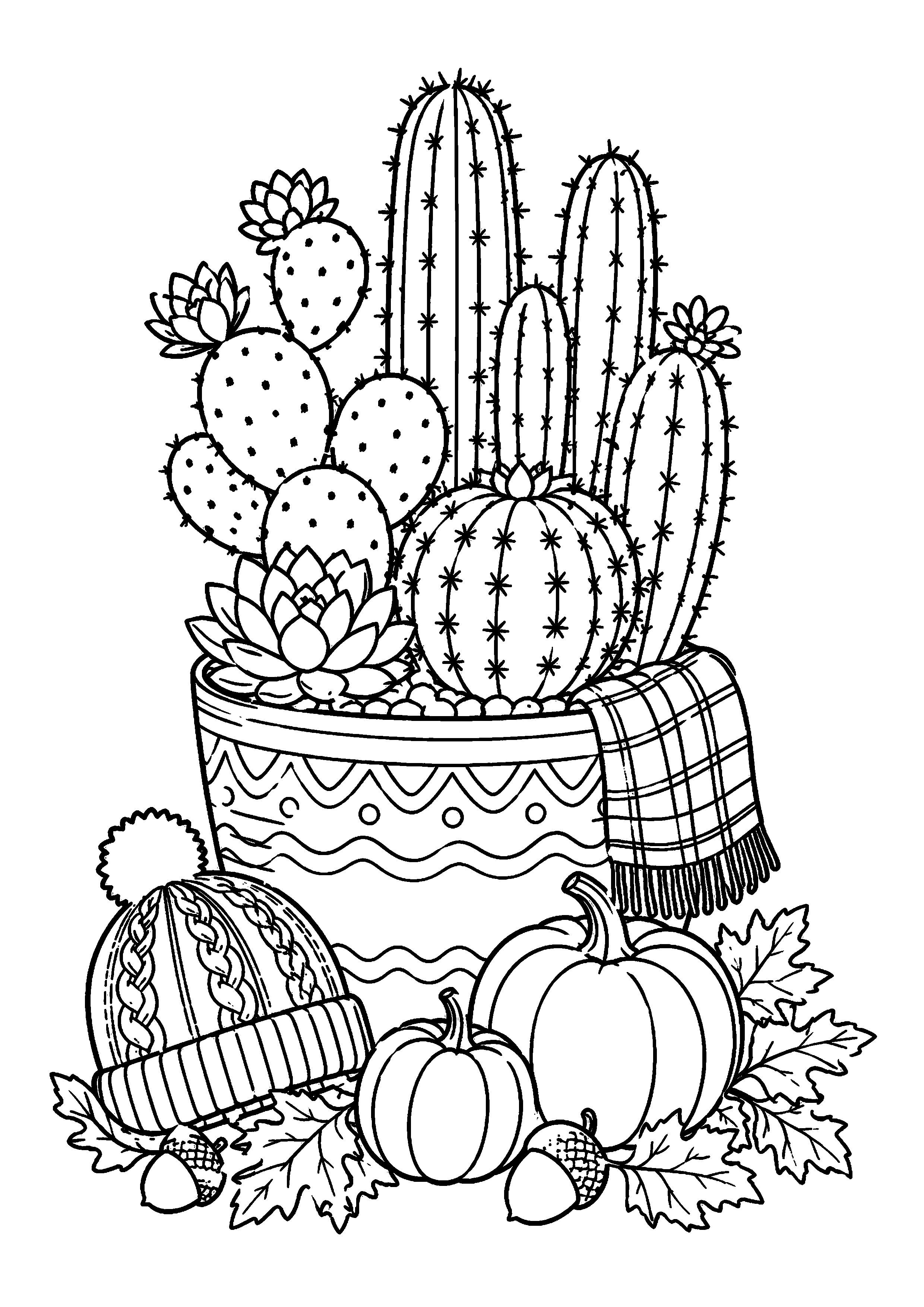 Coloriage cactus et citrouilles dans un pot décoré à imprimer gratuitement