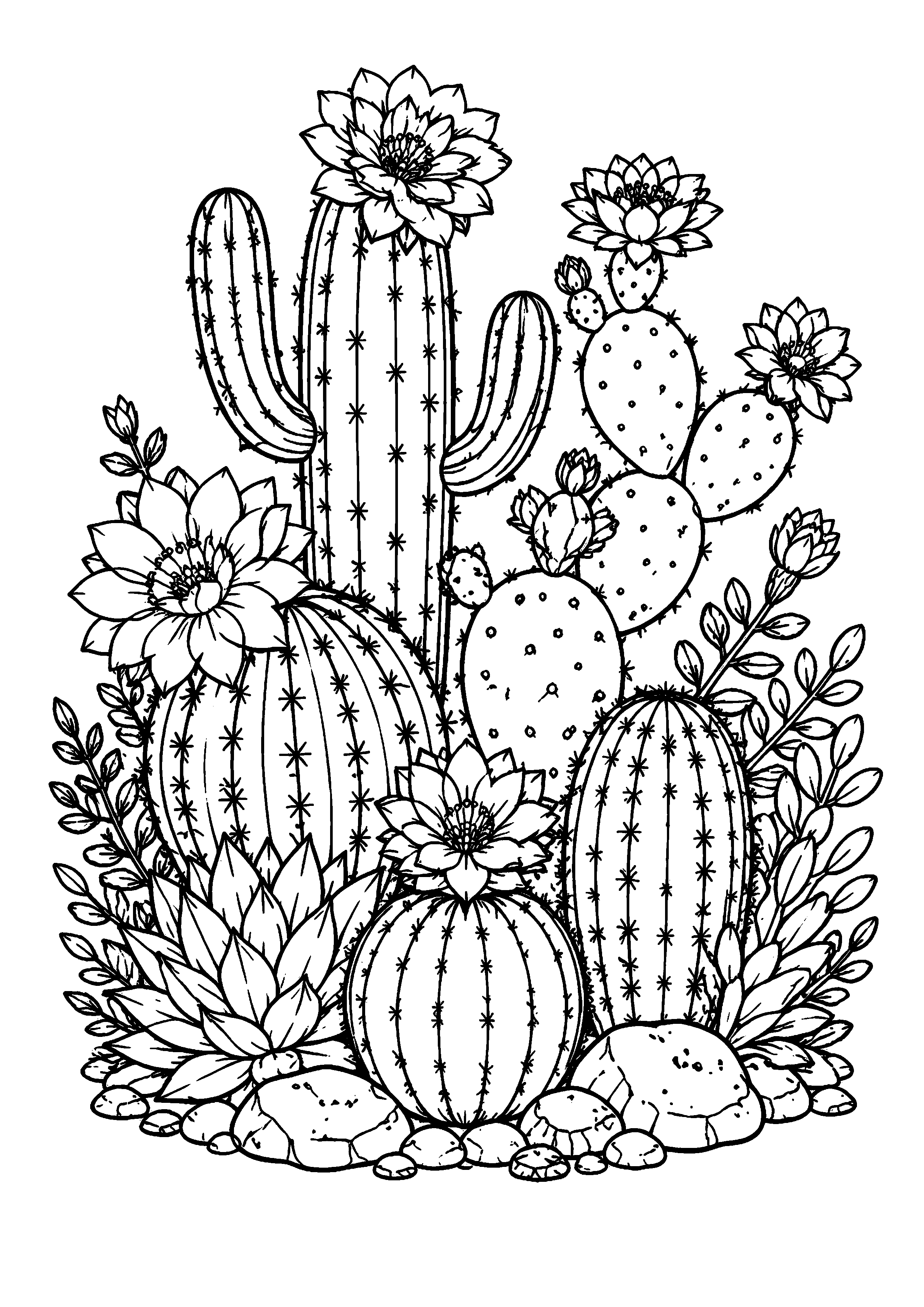 Coloriage jardin de cactus fleuris à imprimer gratuitement