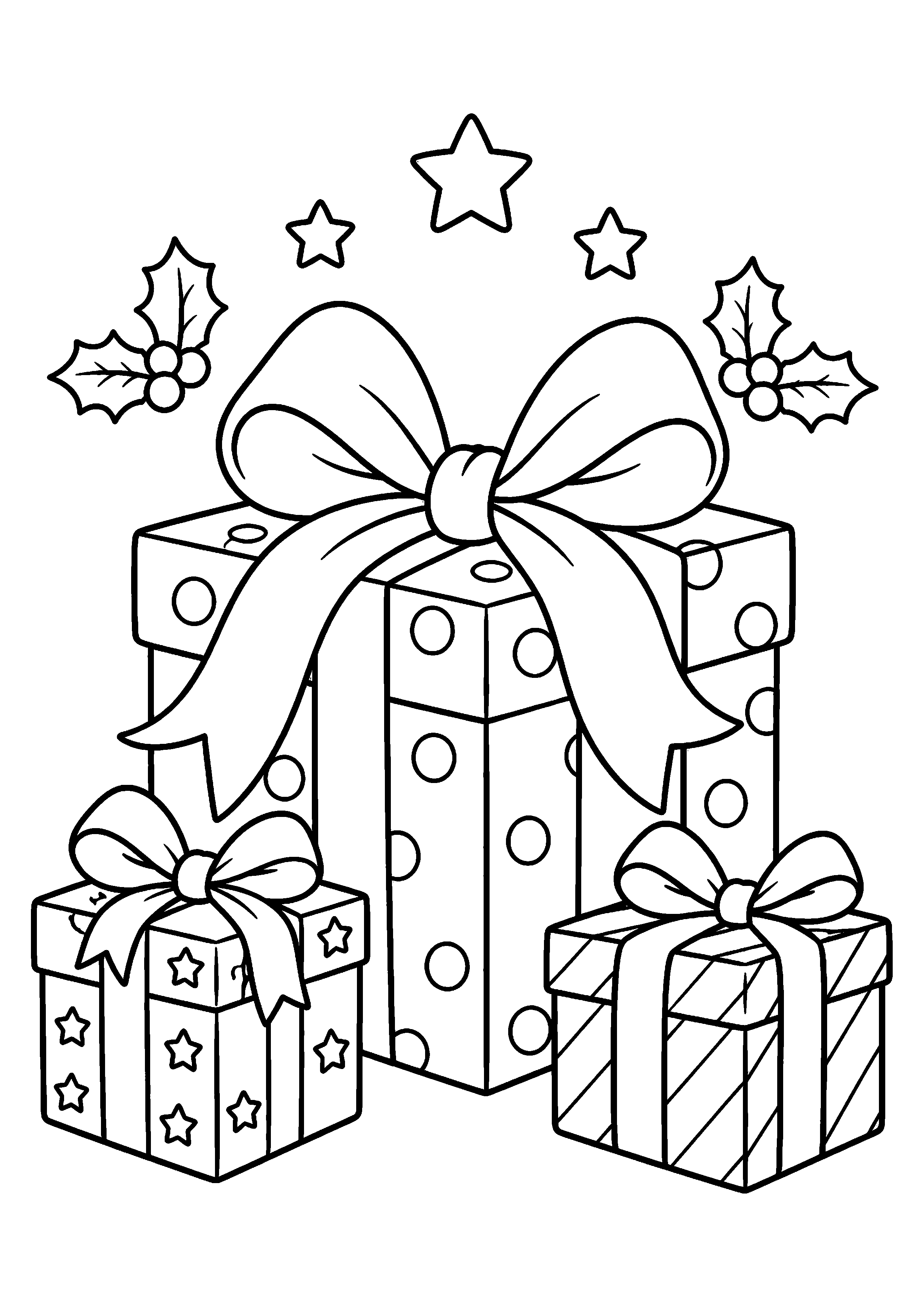 Coloriage grand paquet avec ruban et deux petits cadeaux, composition 1 de Noël à imprimer gratuitement