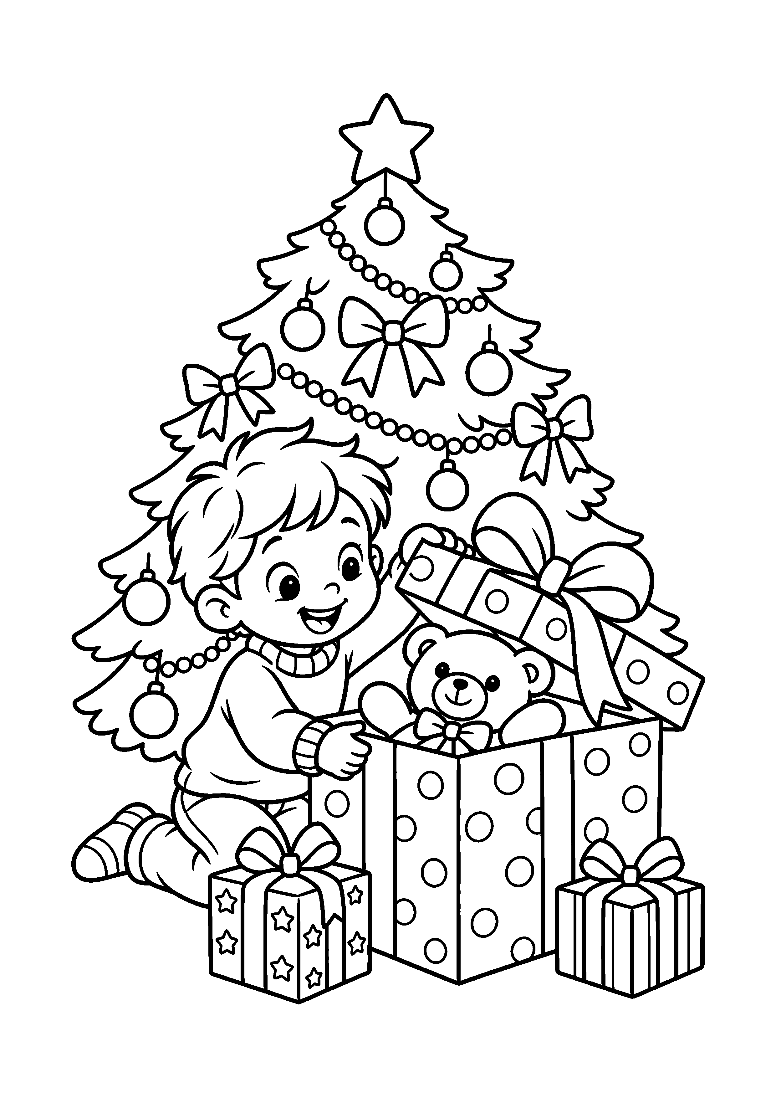 Coloriage enfant ouvrant un cadeau, composition 4 de Noël à imprimer gratuitement