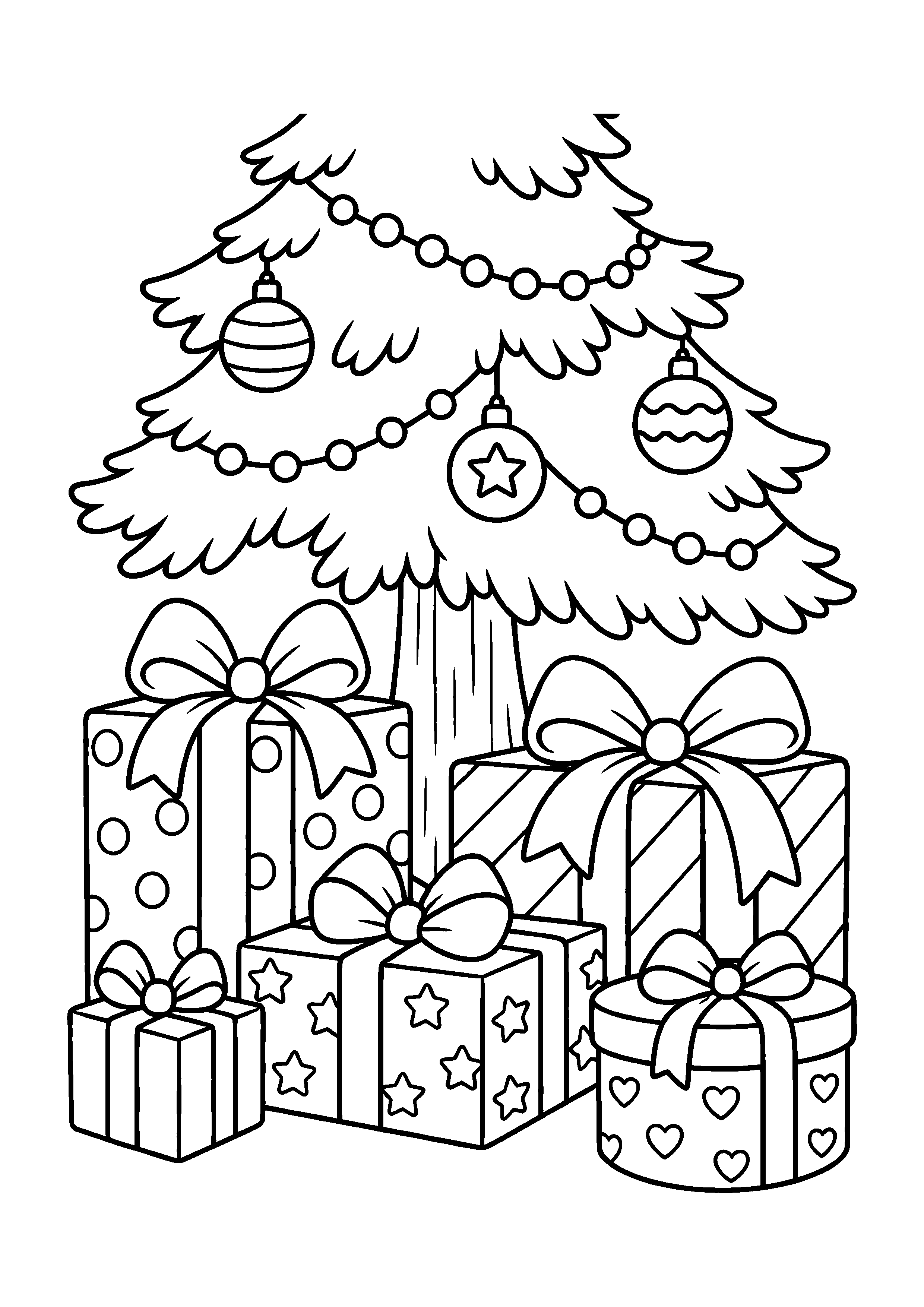 Coloriage cadeaux sous le sapin, composition 5 de Noël à imprimer gratuitement
