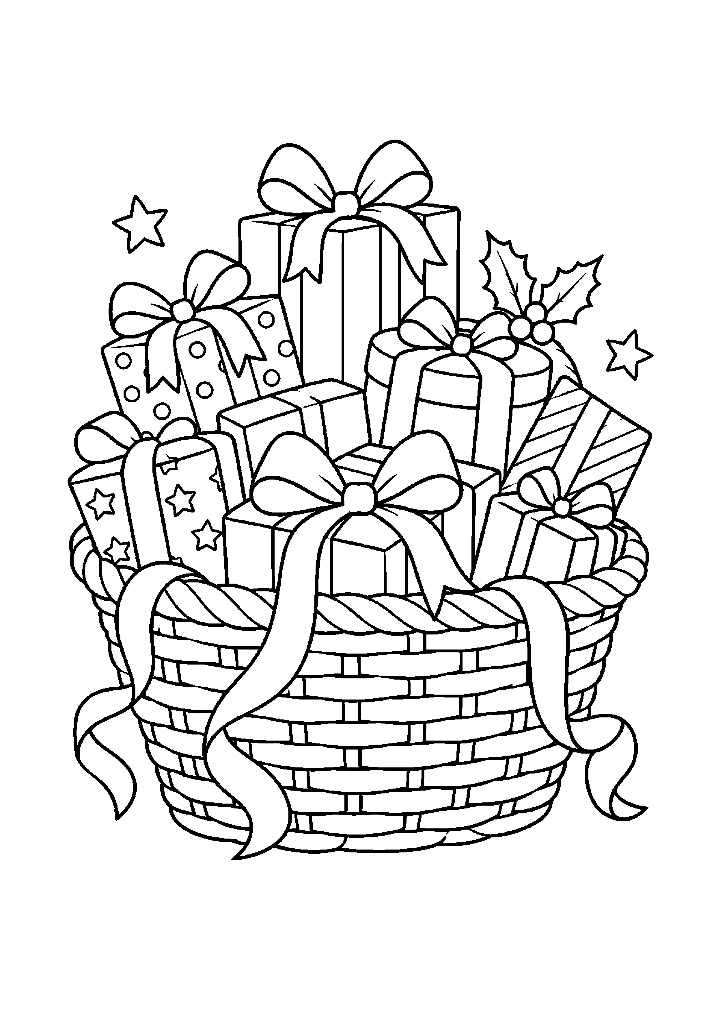 Coloriage panier de cadeaux, composition 7 de Noël à imprimer gratuitement