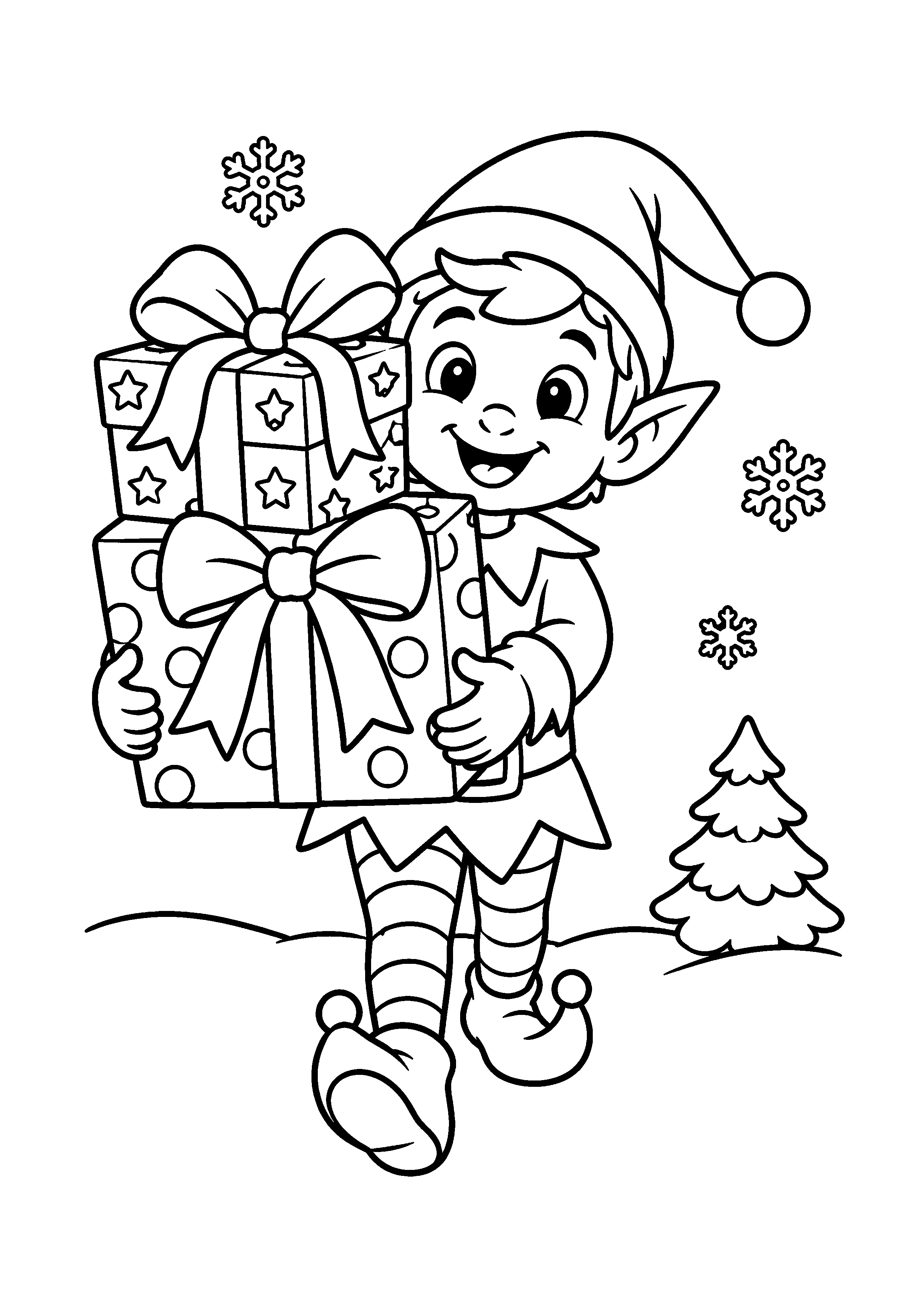 Coloriage lutin transportant des cadeaux, composition 9 de Noël à imprimer gratuitement