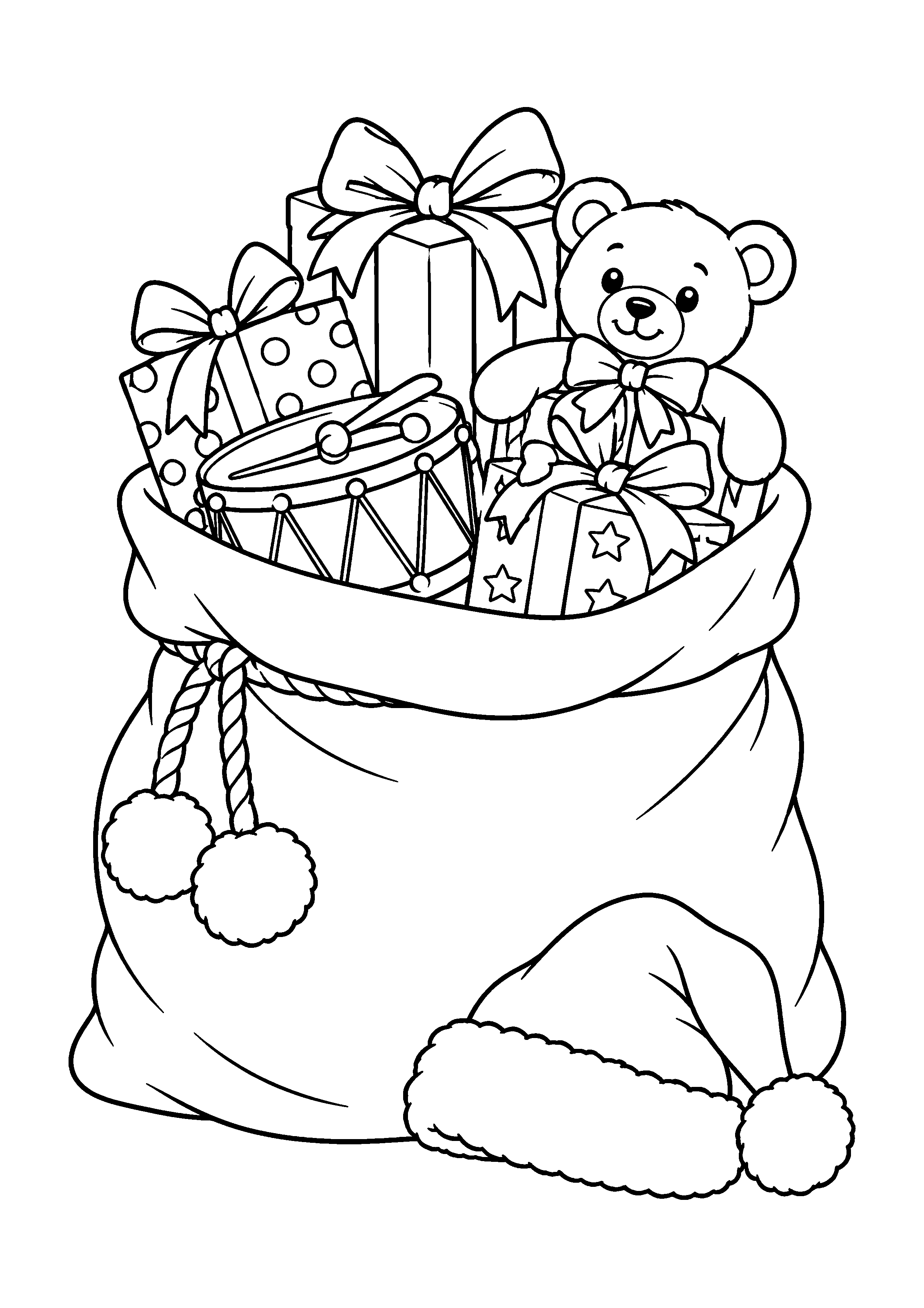 Coloriage grand paquet avec ruban et deux petits cadeaux, composition 11 de Noël à imprimer gratuitement