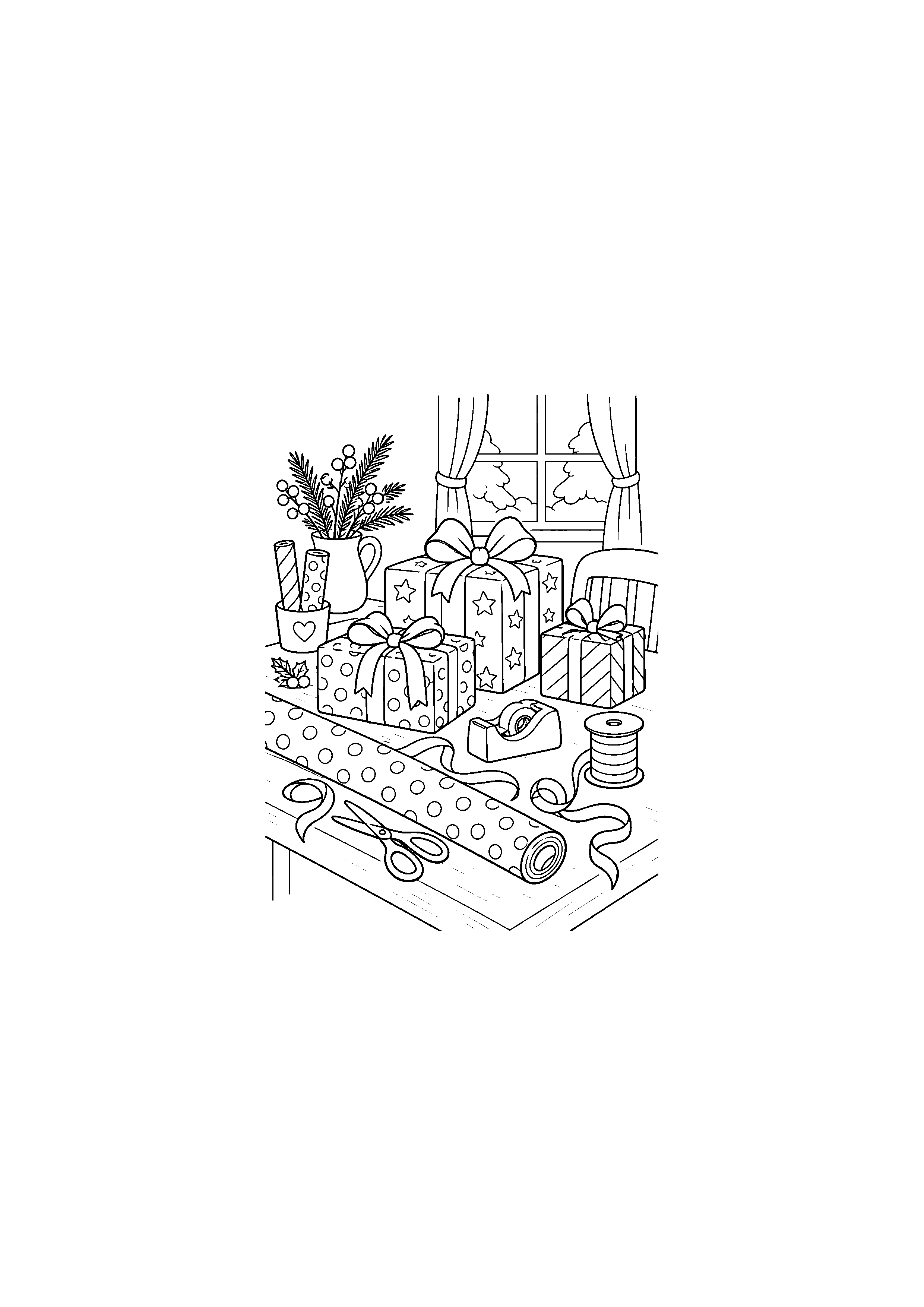 Coloriage cadeaux dans la hotte, composition 20 de Noël à imprimer gratuitement