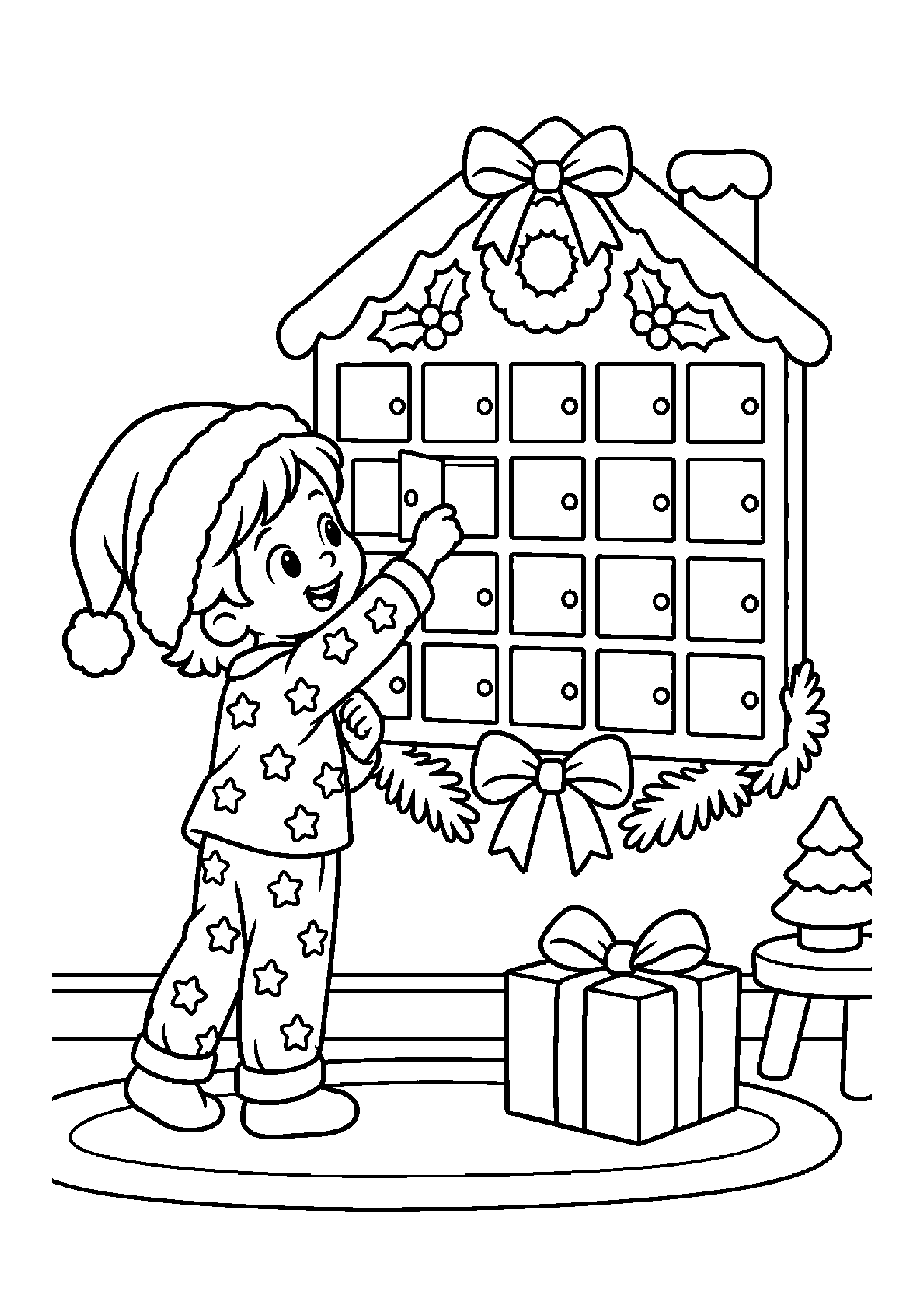 Coloriage calendrier en forme de maison, composition 22 de Noël à imprimer gratuitement