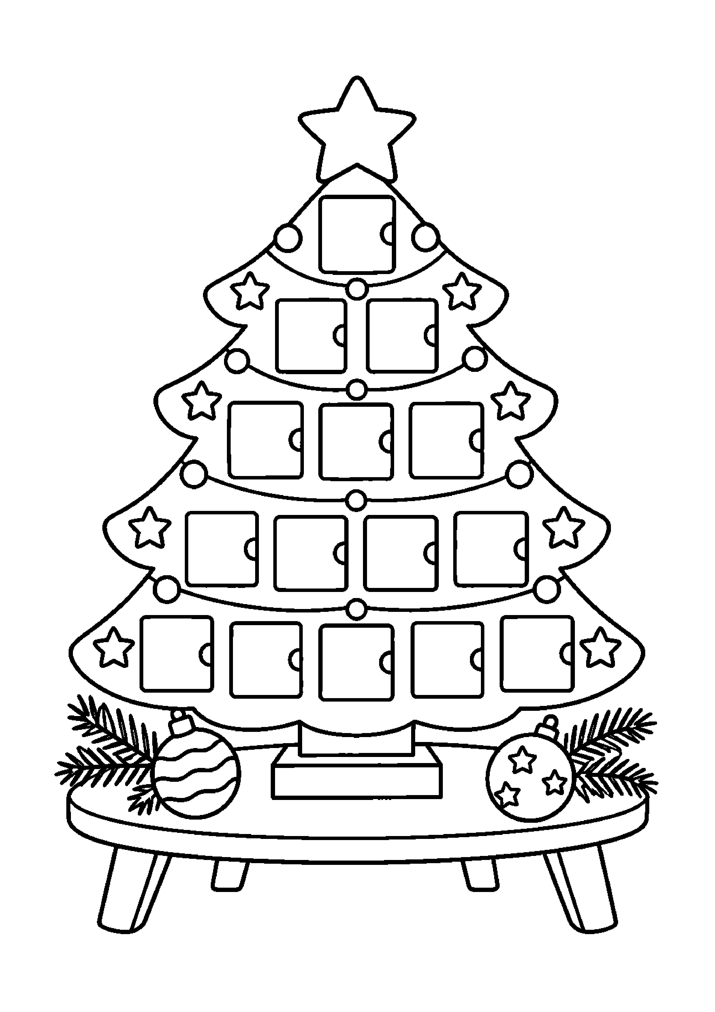 Coloriage calendrier en forme de sapin, composition 23 de Noël à imprimer gratuitement