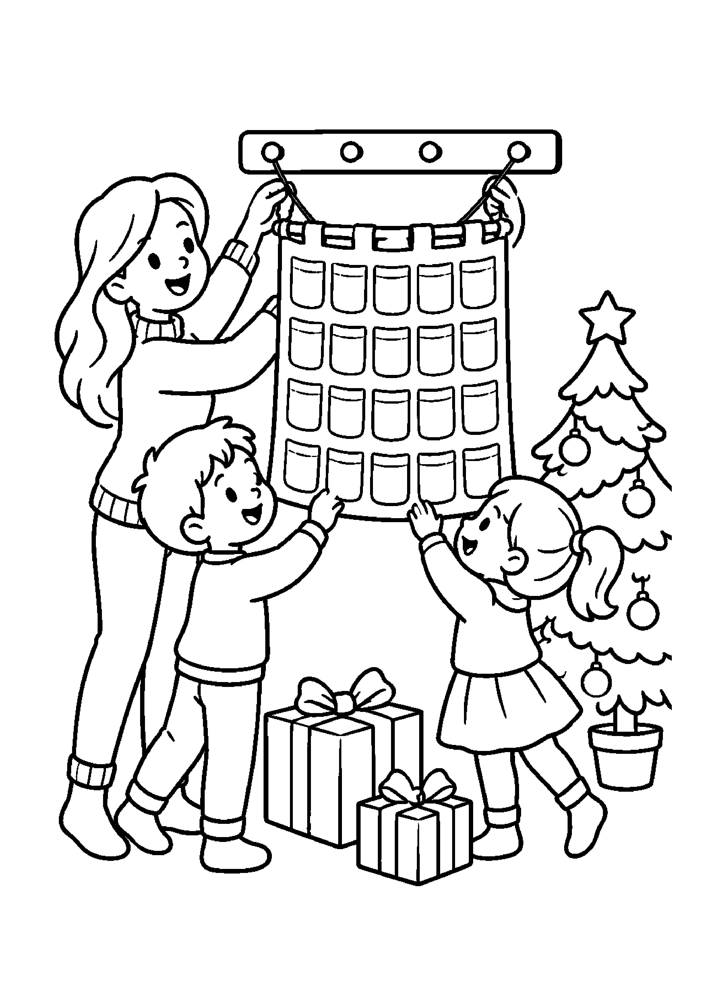 Coloriage calendrier suspendu, composition 24 de Noël à imprimer gratuitement