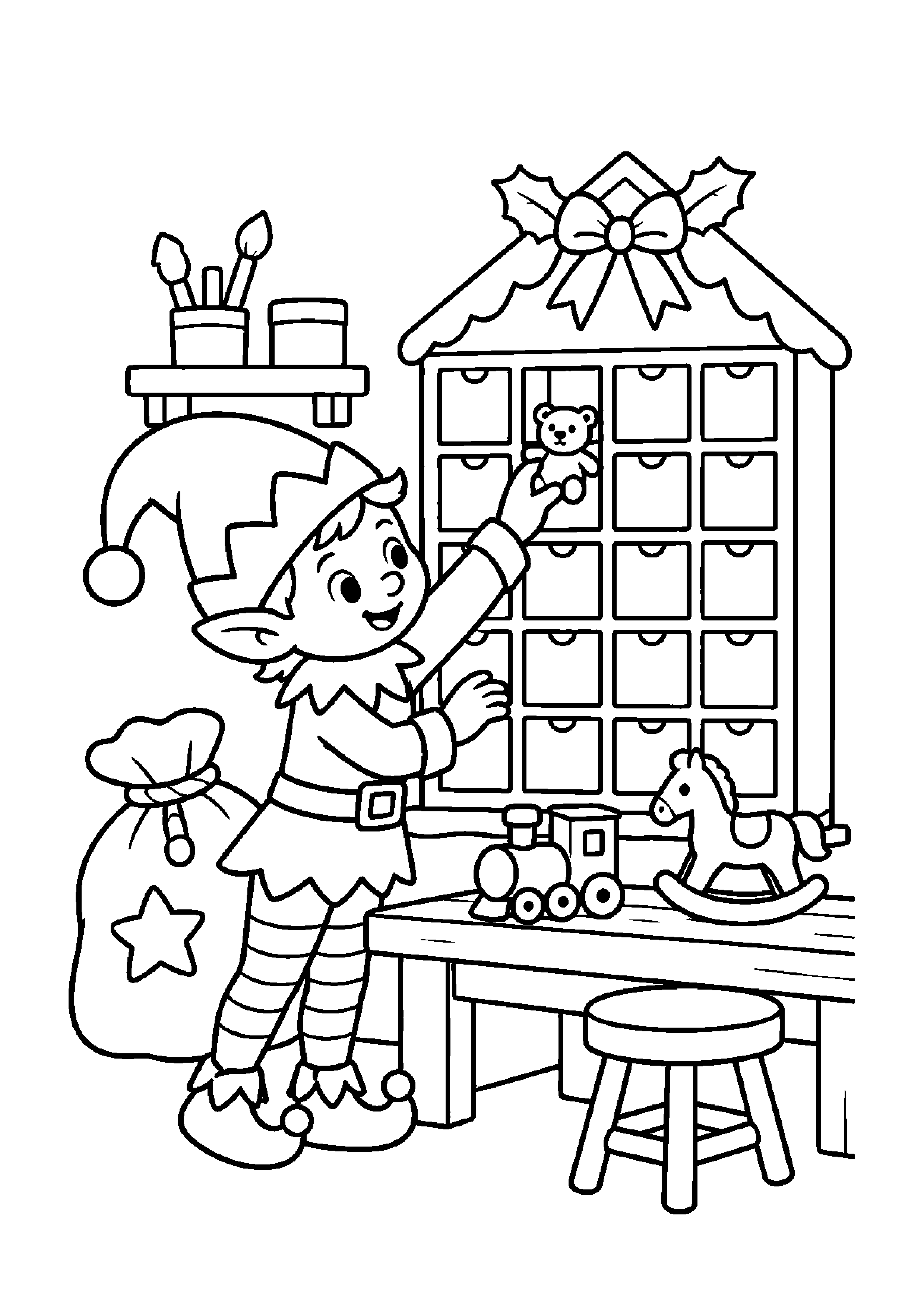 Coloriage calendrier à petites pochettes, composition 25 de Noël à imprimer gratuitement