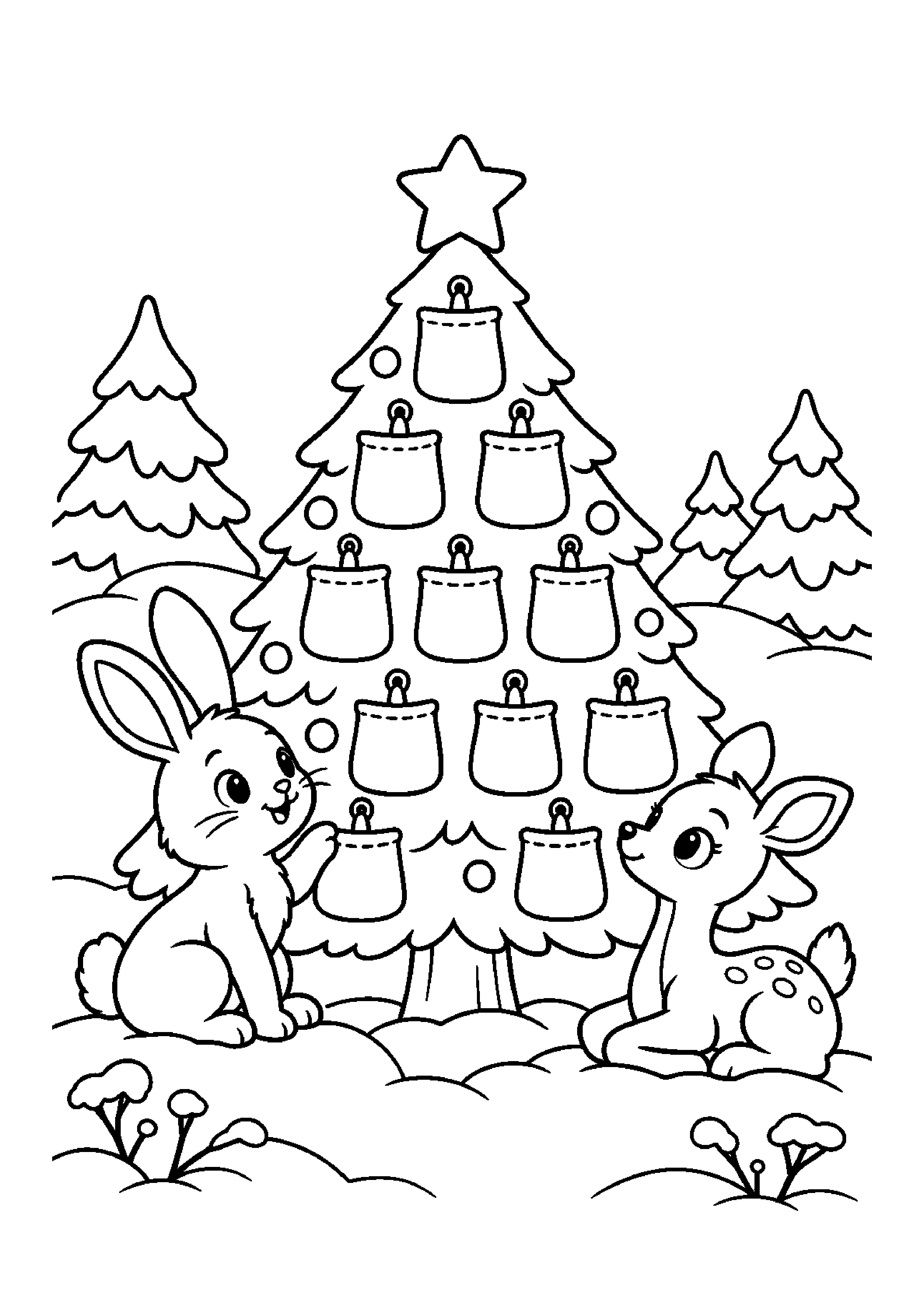Coloriage calendrier entouré de cadeaux, composition 27 de Noël à imprimer gratuitement