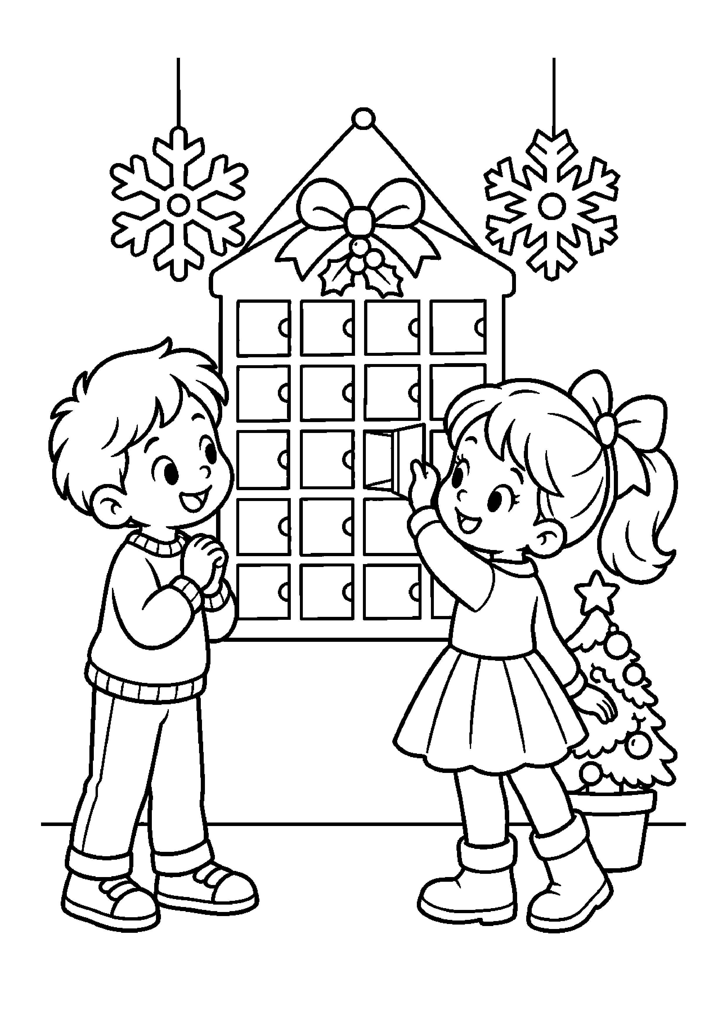 Coloriage enfant ouvrant une case, composition 29 de Noël à imprimer gratuitement