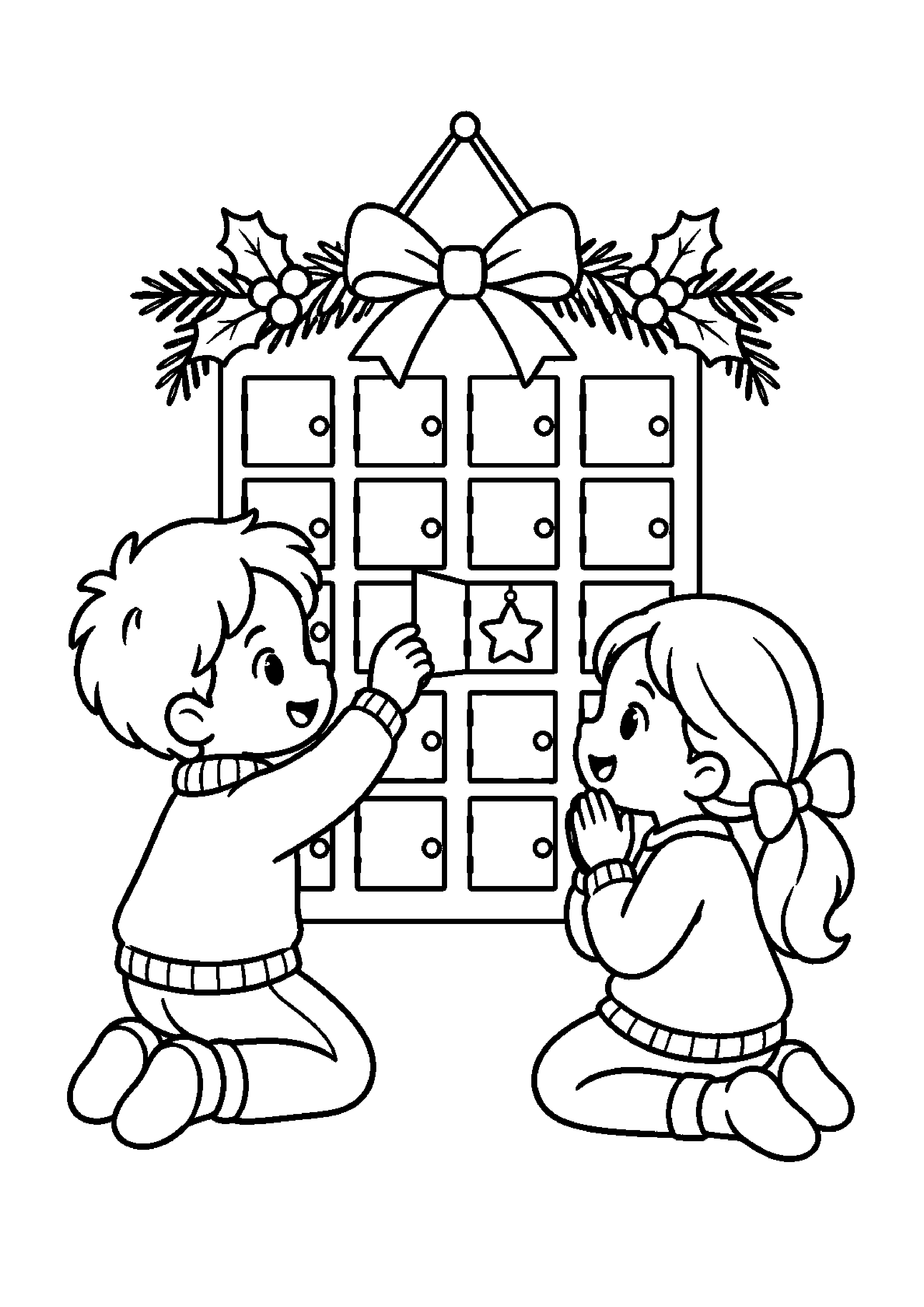 Coloriage calendrier en forme de sapin, composition 32 de Noël à imprimer gratuitement