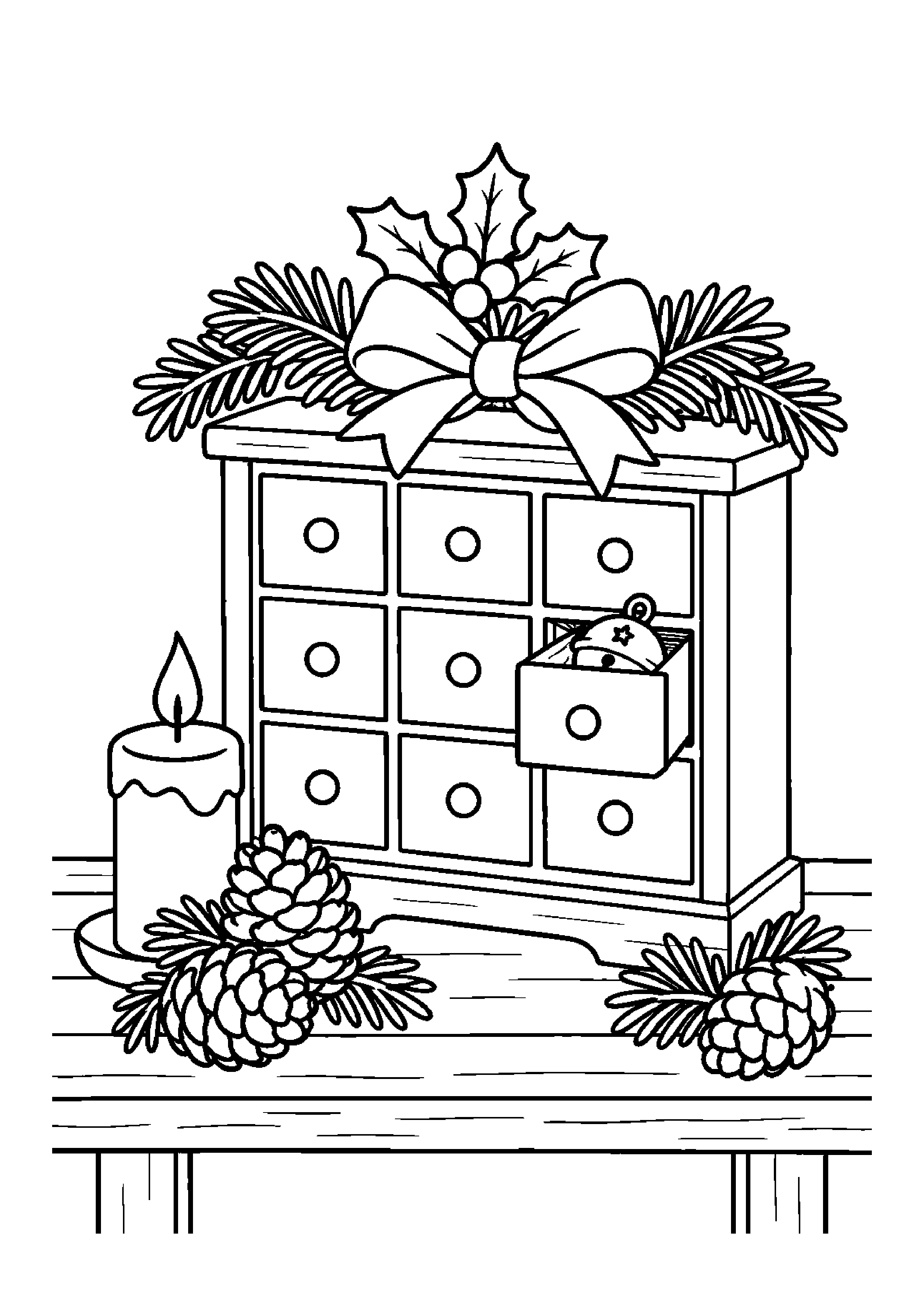 Coloriage calendrier suspendu, composition 33 de Noël à imprimer gratuitement