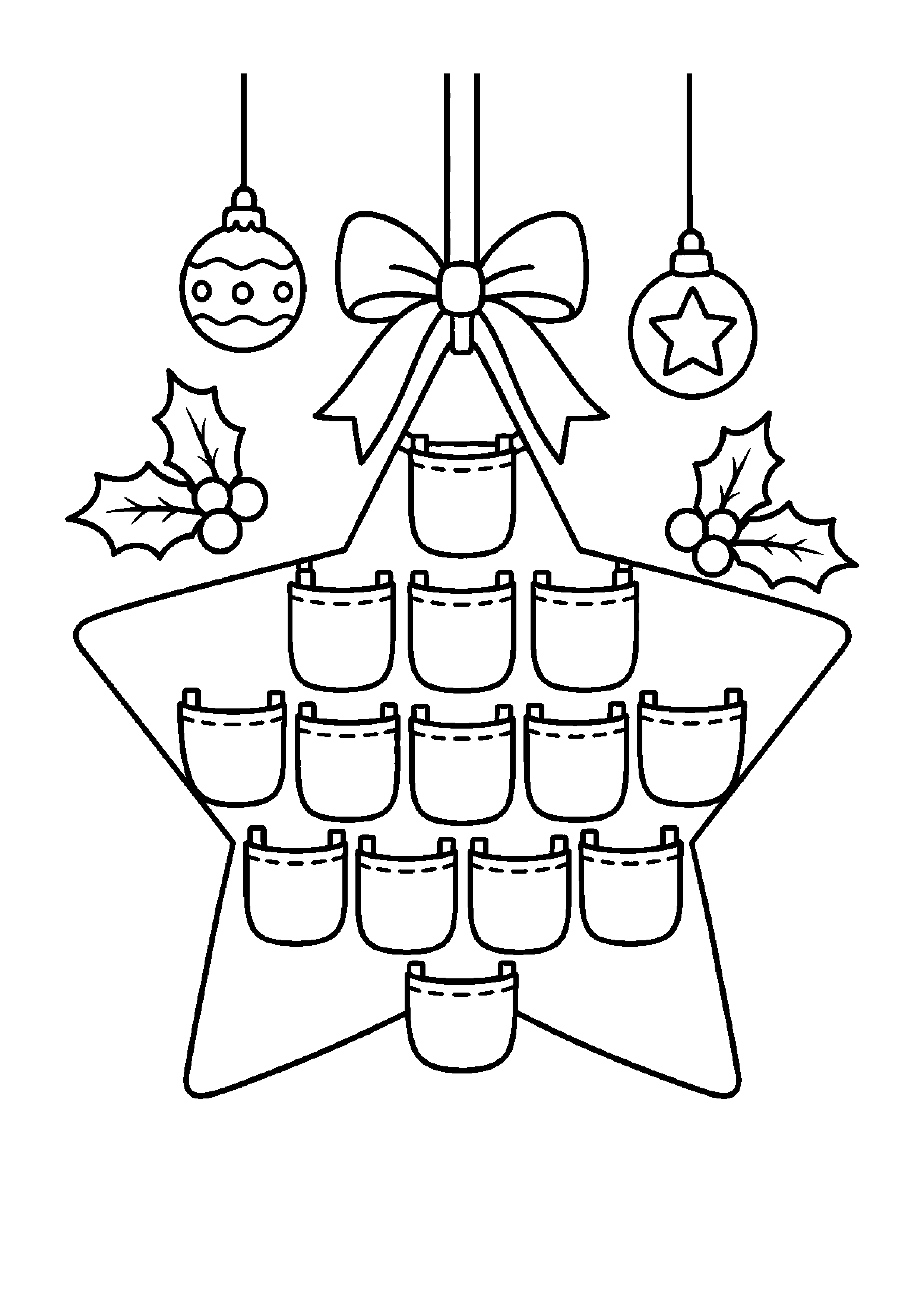 Coloriage calendrier à petites pochettes, composition 34 de Noël à imprimer gratuitement