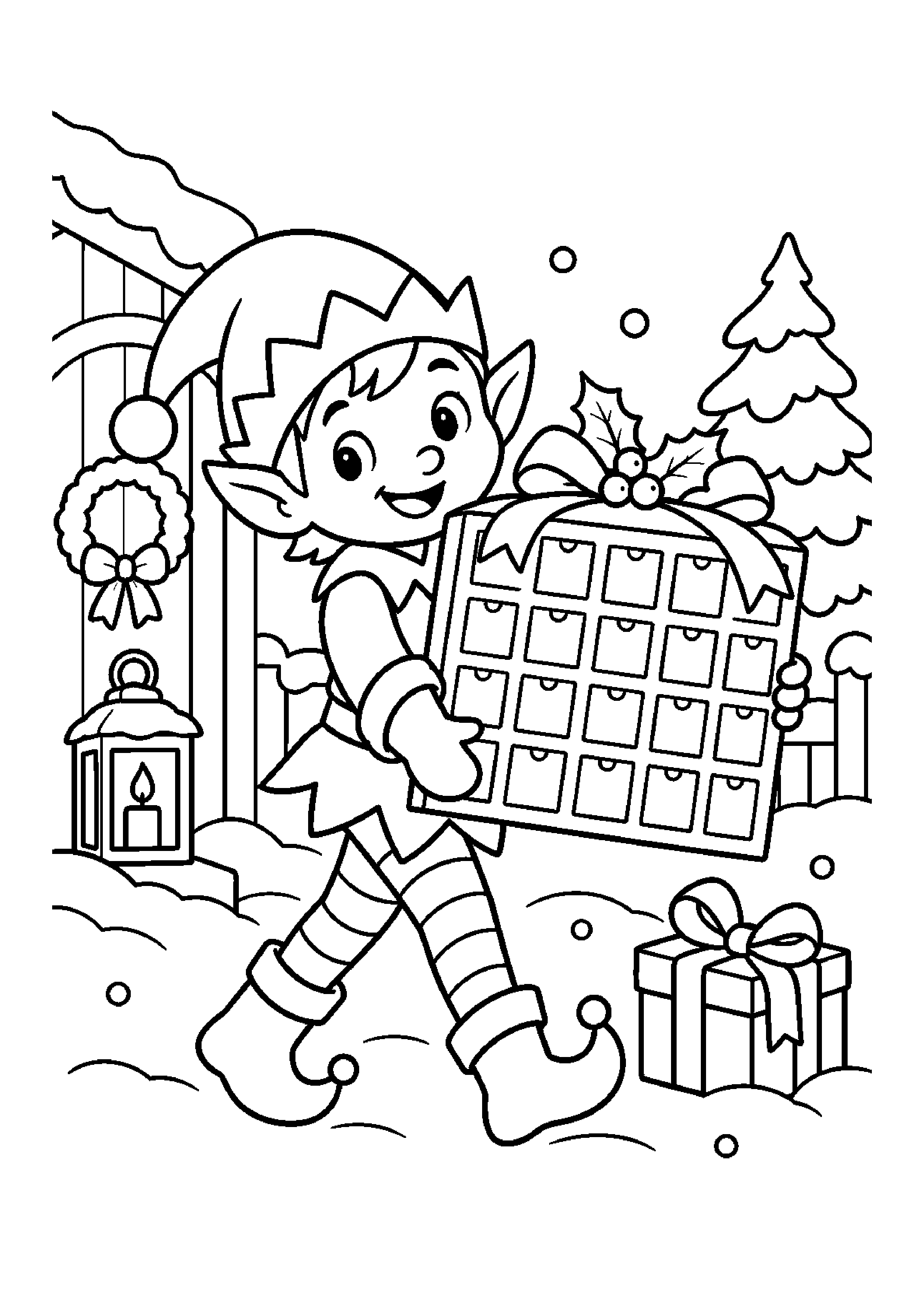 Coloriage enfant ouvrant une case, composition 38 de Noël à imprimer gratuitement
