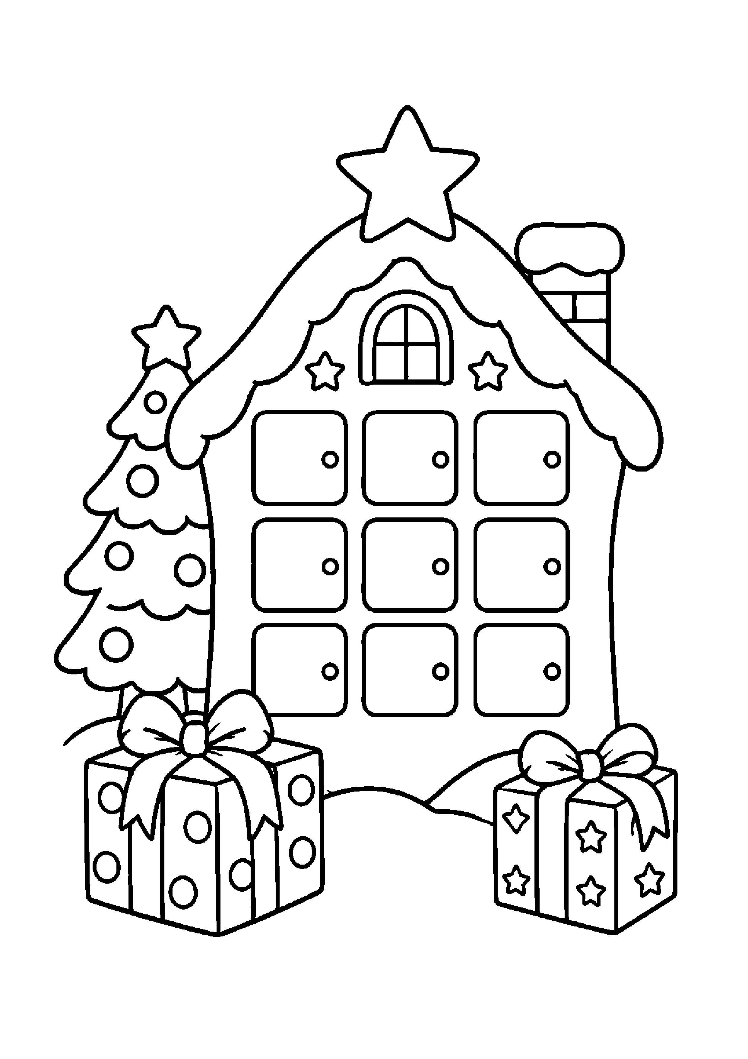 Coloriage calendrier en forme de maison, composition 40 de Noël à imprimer gratuitement