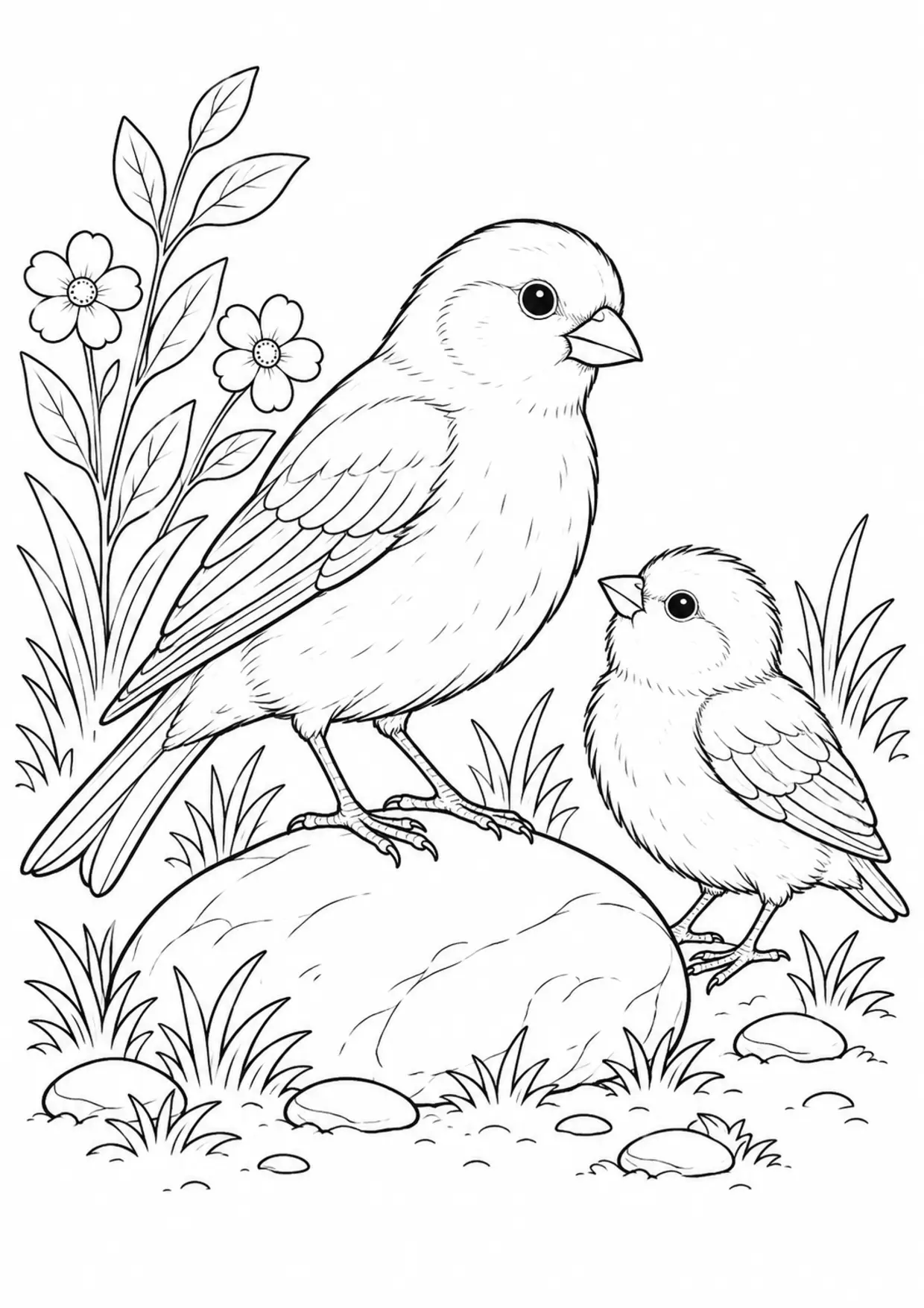 Coloriage canari : adulte et petit près d’un rocher à imprimer