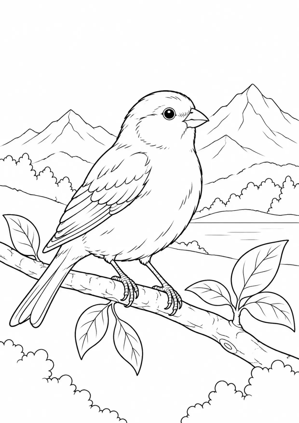 Coloriage canari : animal dans un décor de montagnes, contours noirs nets et zones fermées sur fond blanc