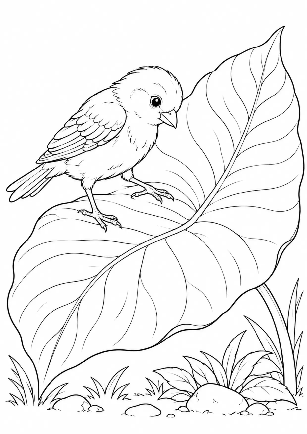 Coloriage canari : jeune animal curieux avec une grande feuille à imprimer