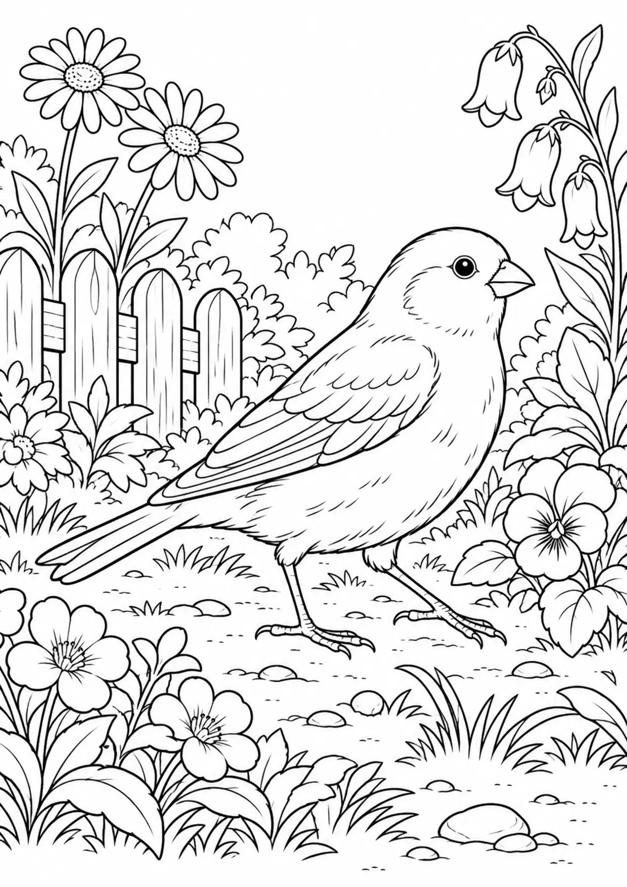 Coloriage canari : profil marchant dans son habitat à imprimer