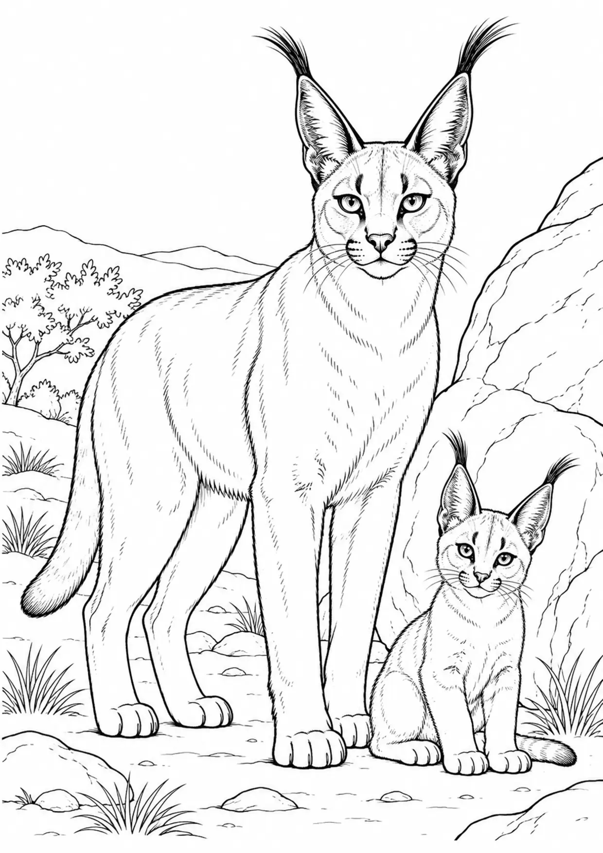 Coloriage caracal : adulte et petit près d’un rocher à imprimer