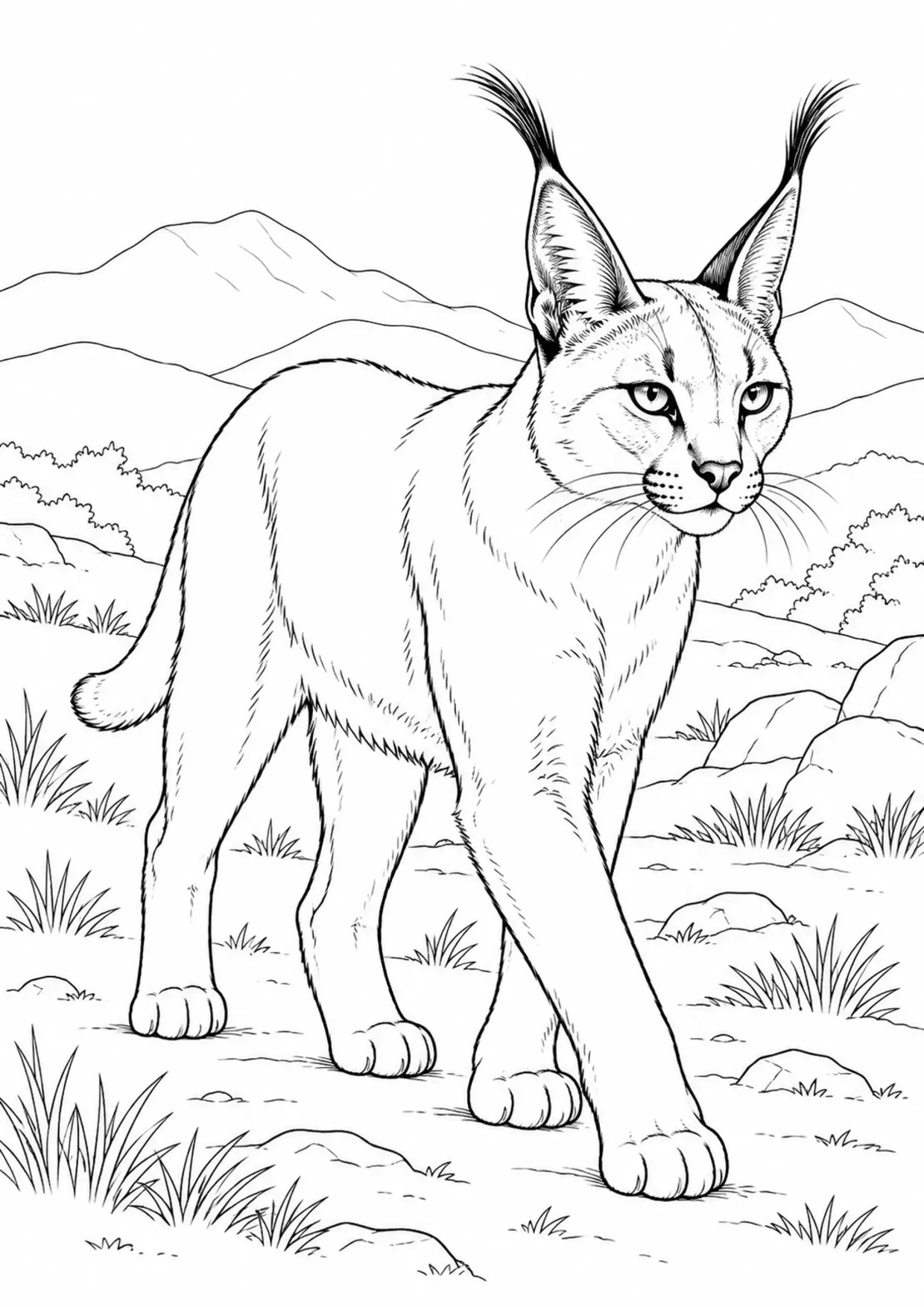 Coloriage caracal : animal dans un décor de montagnes, contours noirs nets et zones fermées sur fond blanc
