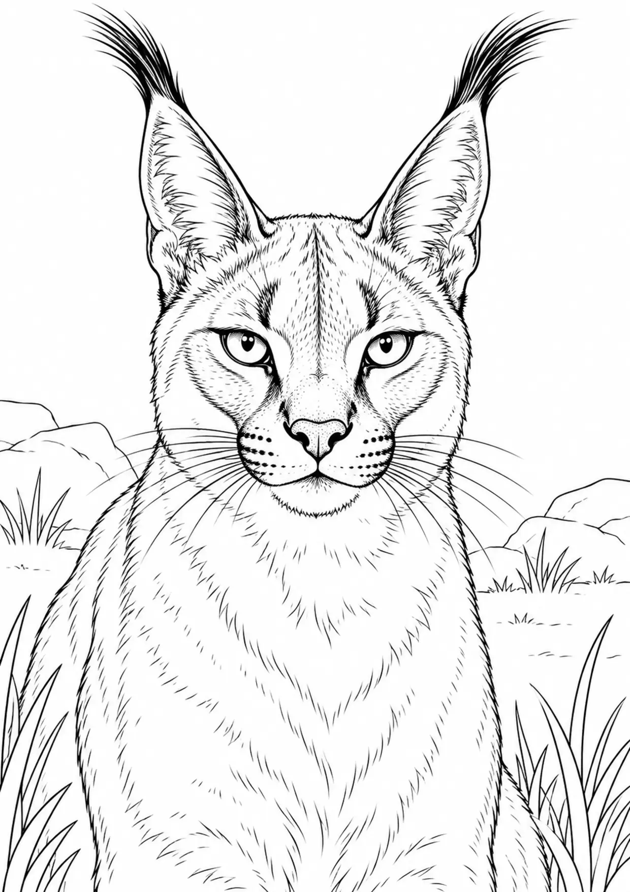 Coloriage caracal : grand portrait de face aux contours simples à imprimer
