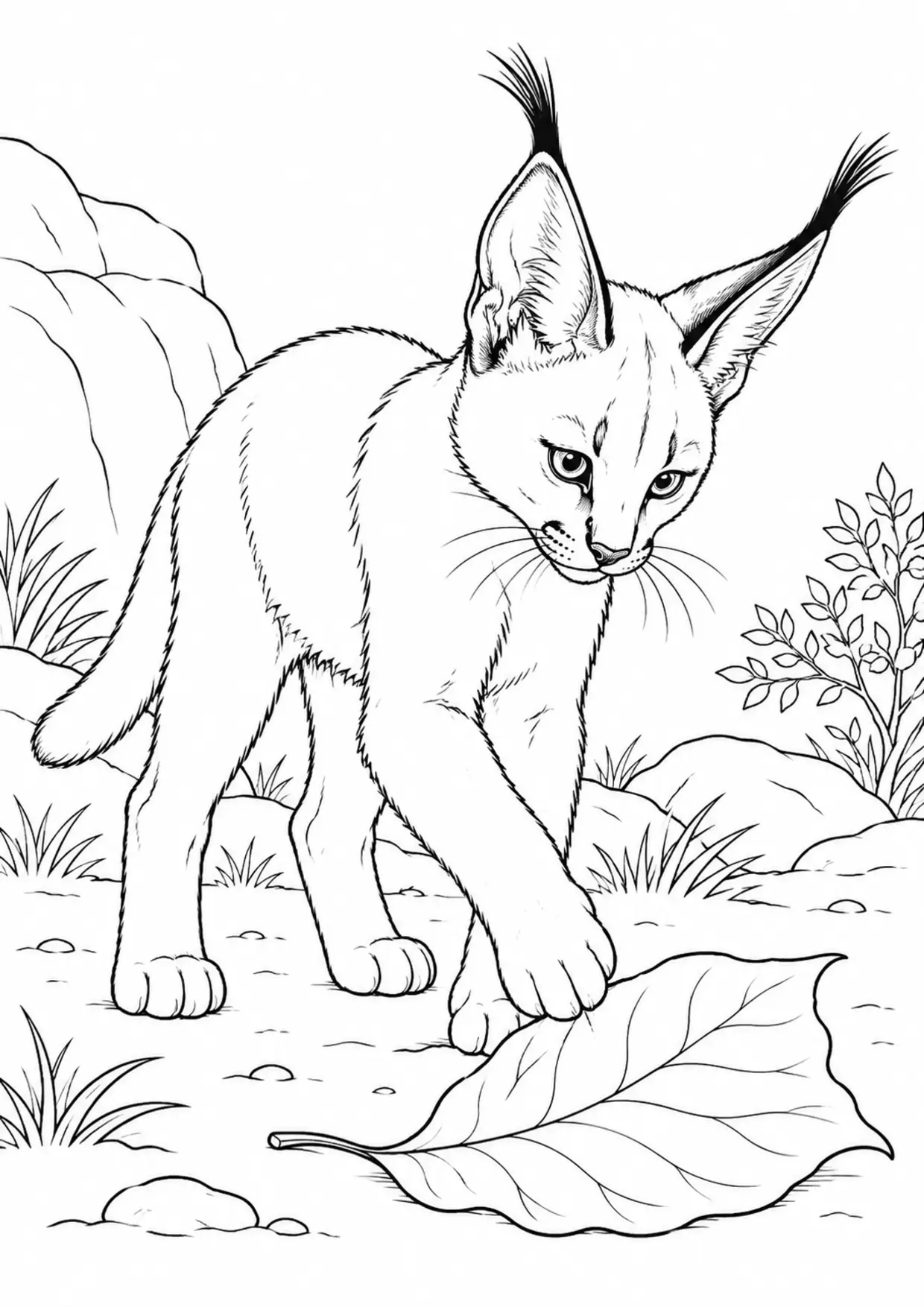 Coloriage caracal : jeune animal curieux avec une grande feuille à imprimer