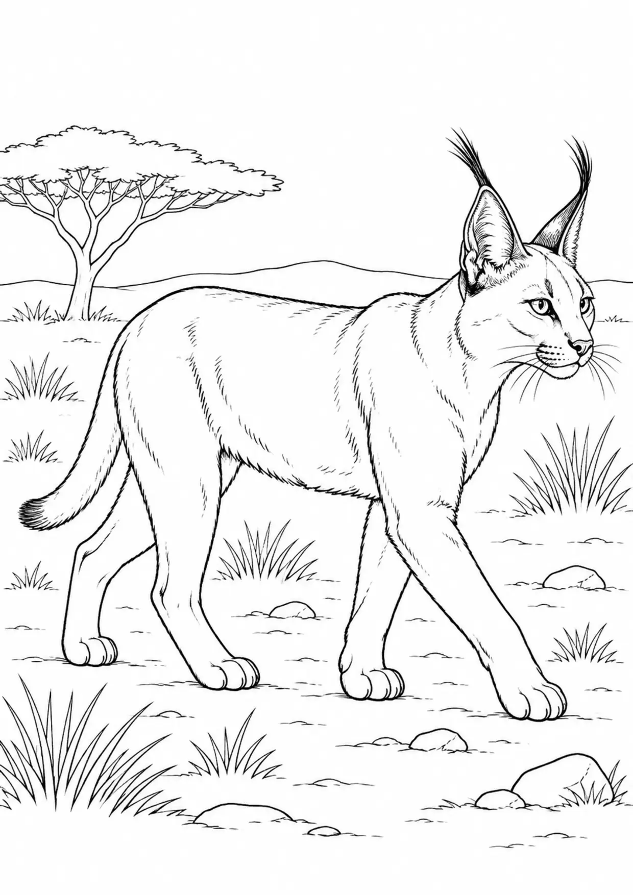 Coloriage caracal : profil marchant dans son habitat à imprimer