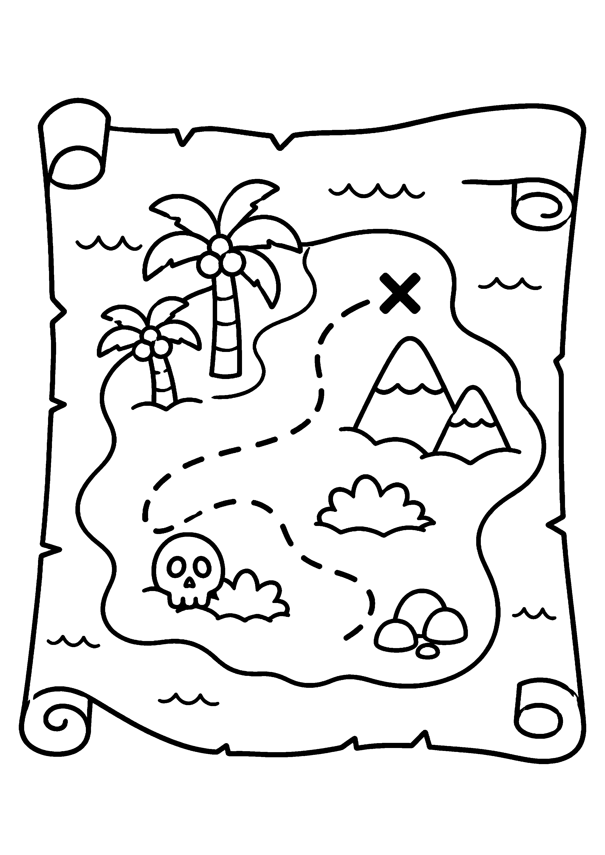 Coloriage carte au trésor simple avec île et grand X à imprimer gratuitement