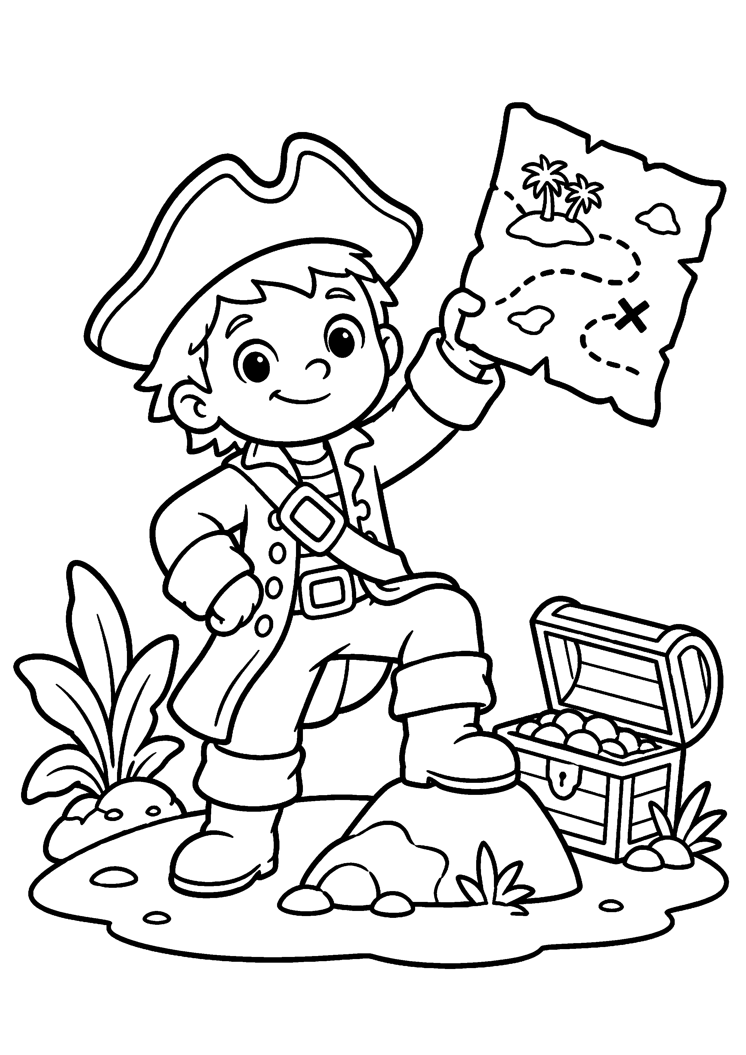 Coloriage jeune pirate tenant une carte près d’un coffre à imprimer