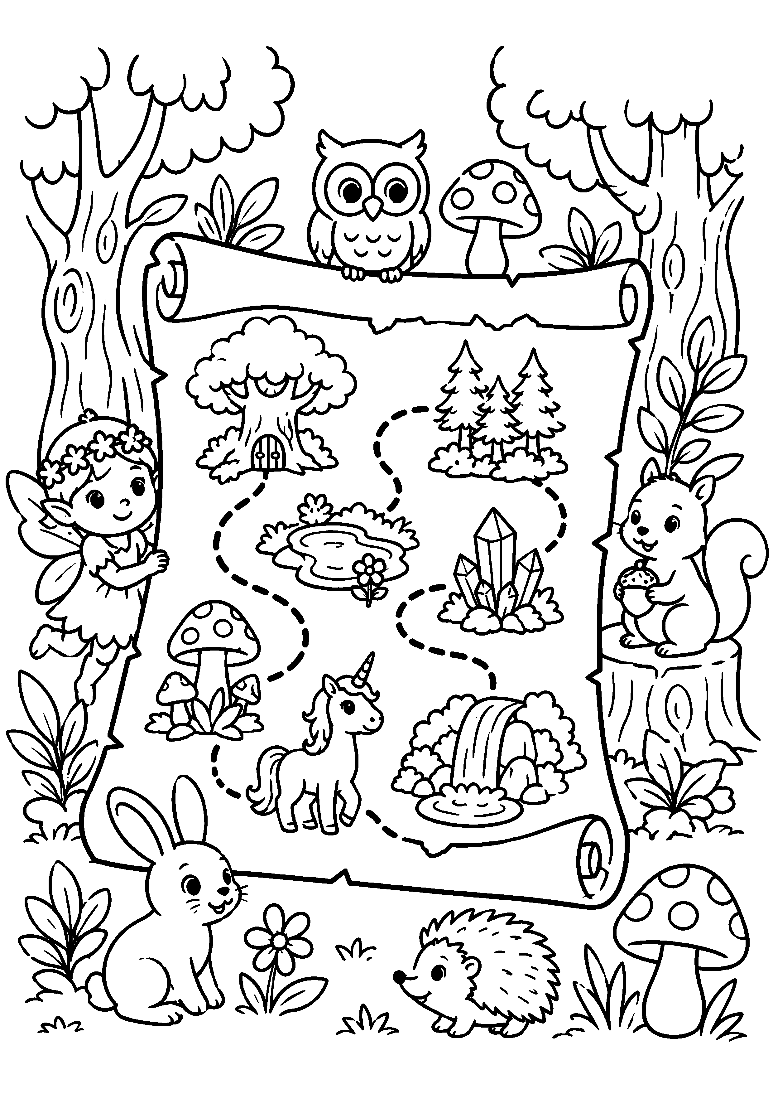 Coloriage carte d’aventure forestière entourée d’animaux à imprimer