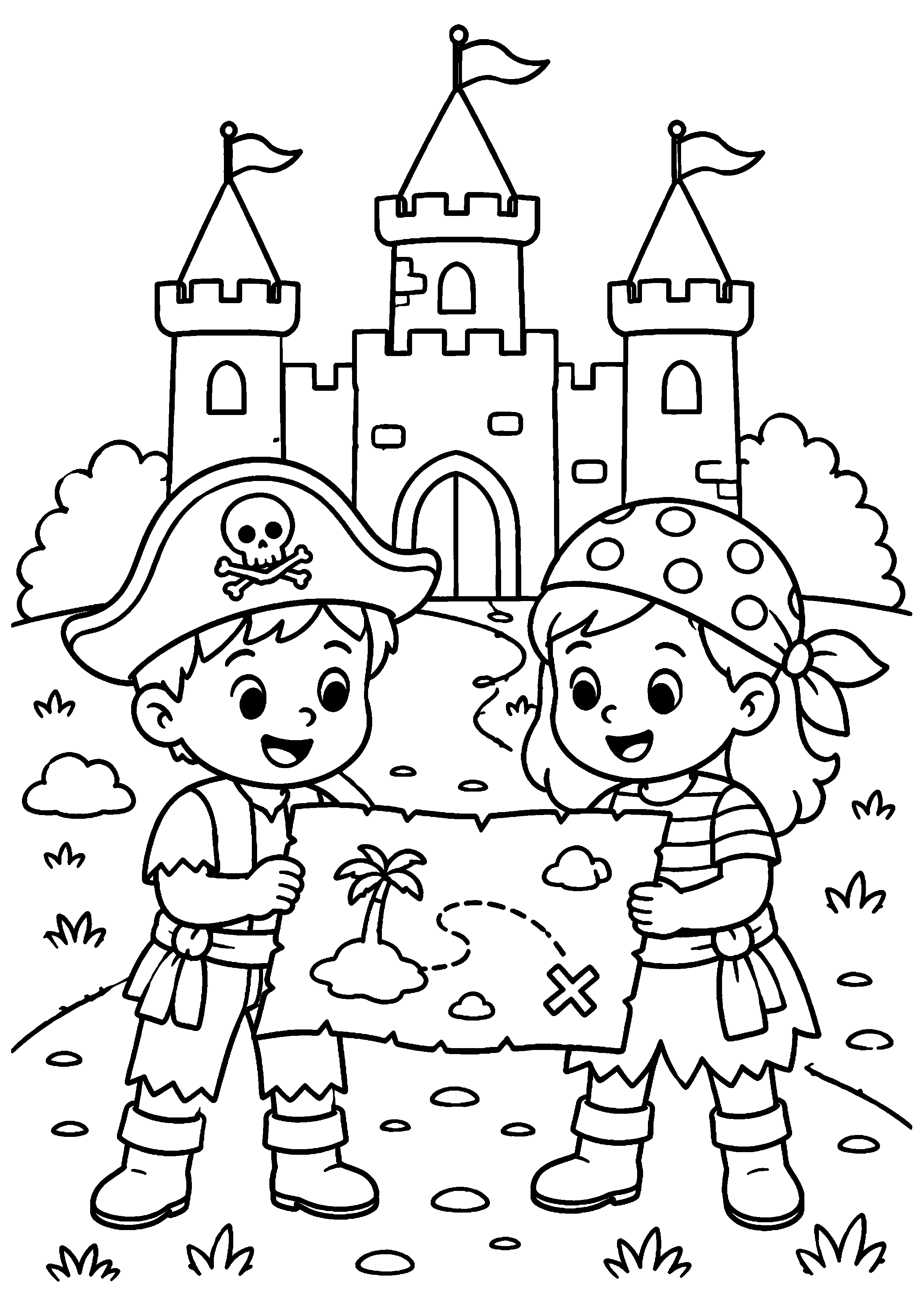 Coloriage deux jeunes pirates lisant une carte devant un château à imprimer