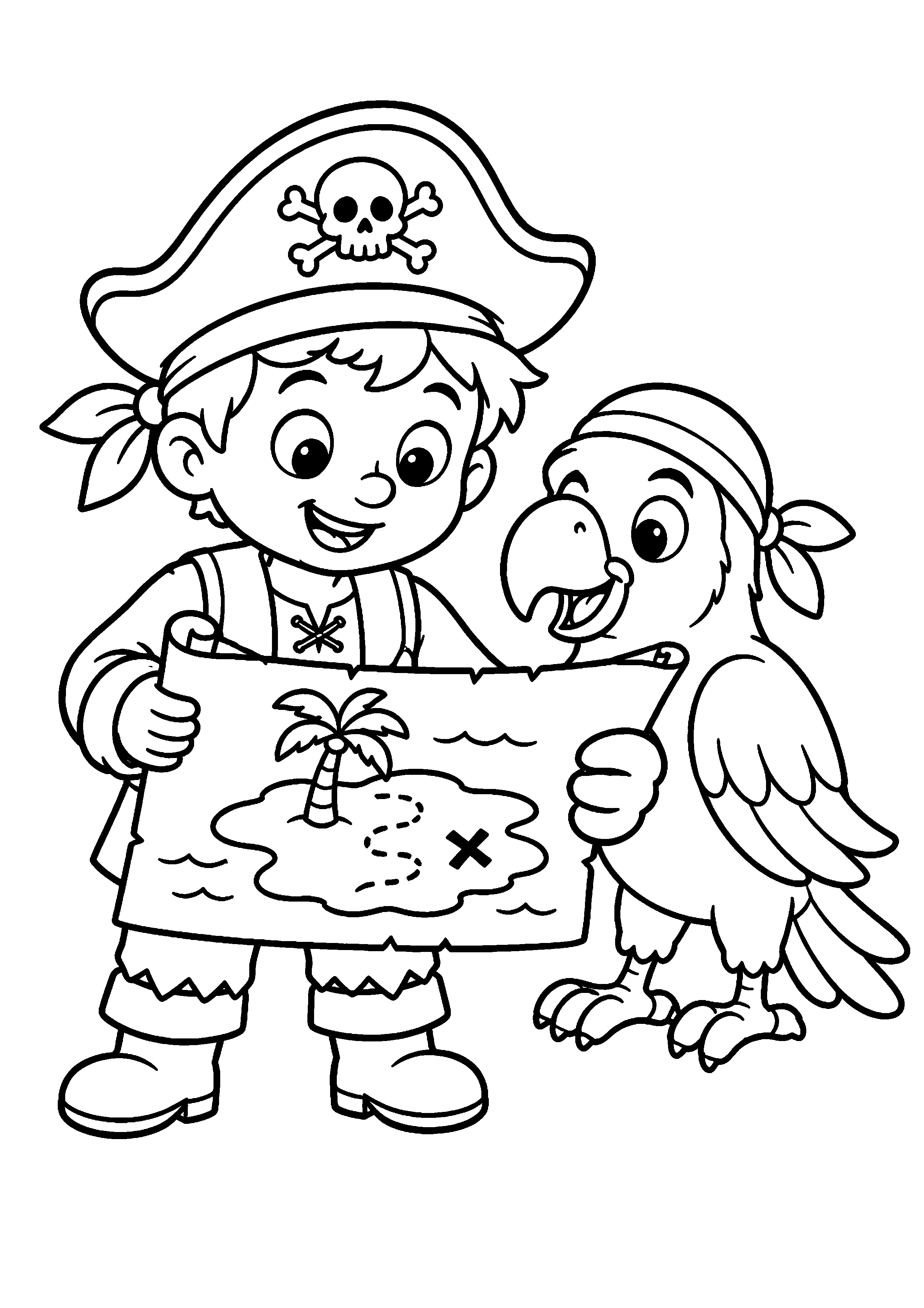 Coloriage jeune pirate et perroquet regardant une carte à imprimer gratuitement