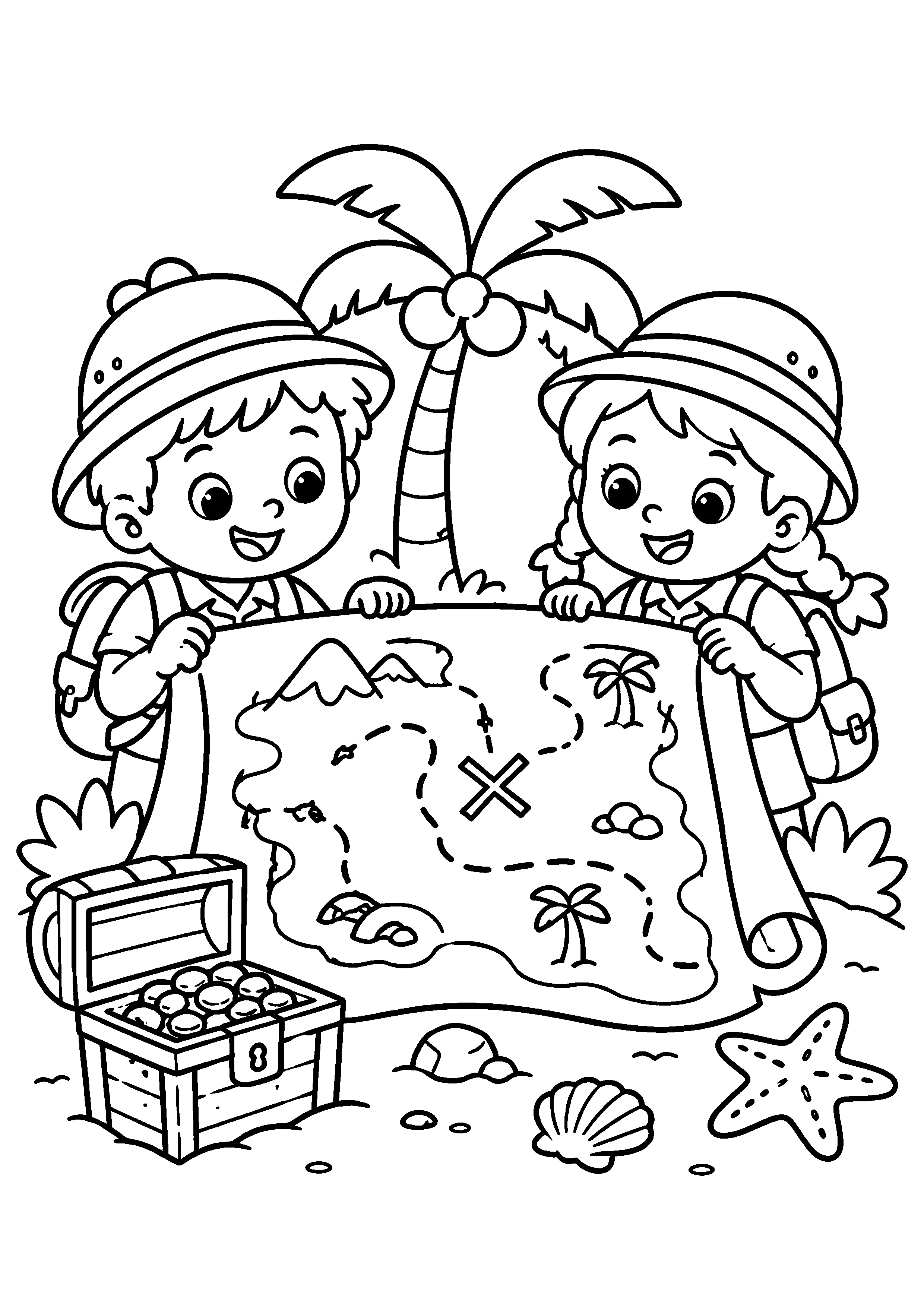 Coloriage deux explorateurs devant une carte d’île et un coffre à imprimer gratuitement